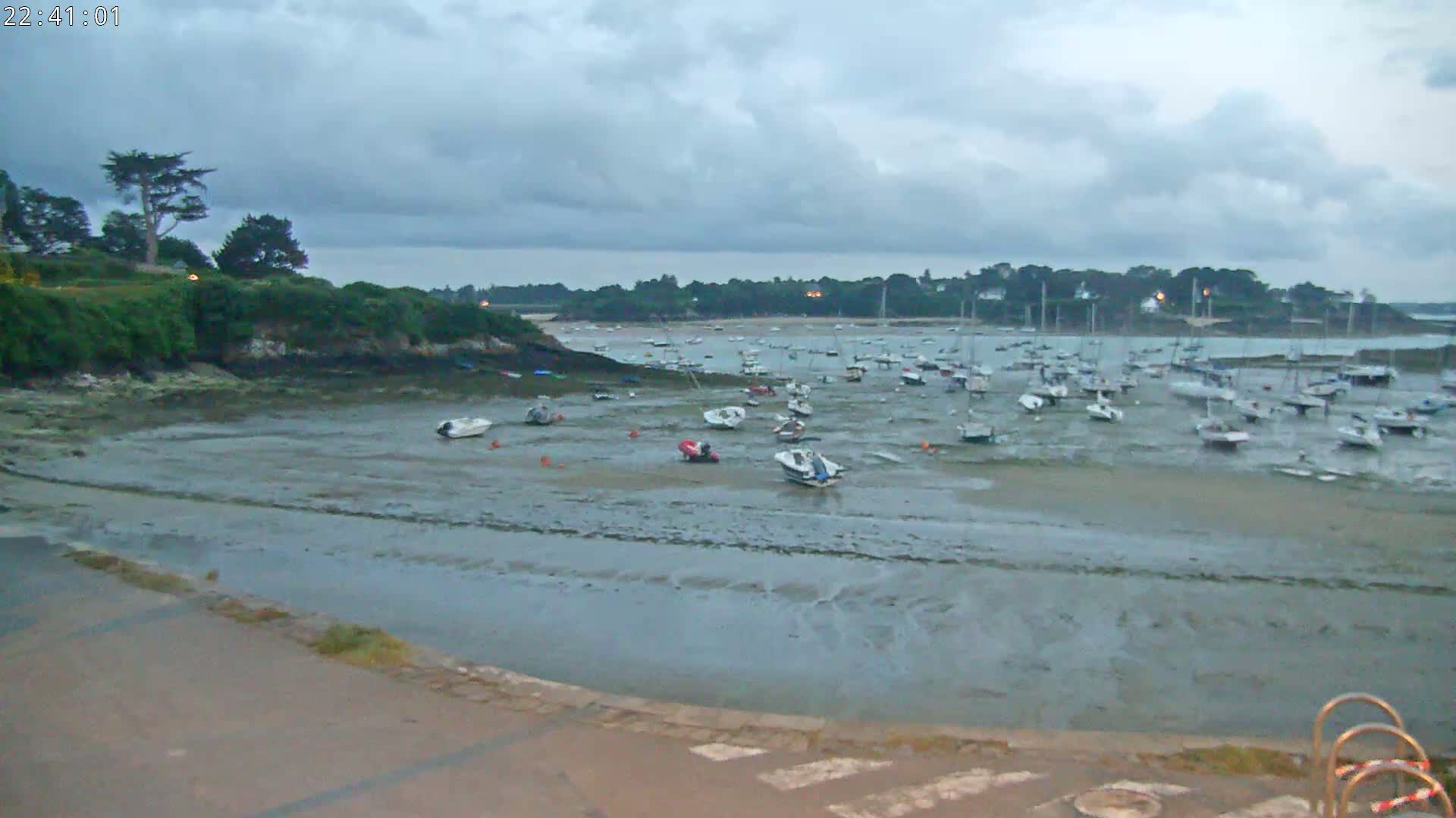 Many small boats are at rest in a shallow, muddy bay under a cloudy sky.