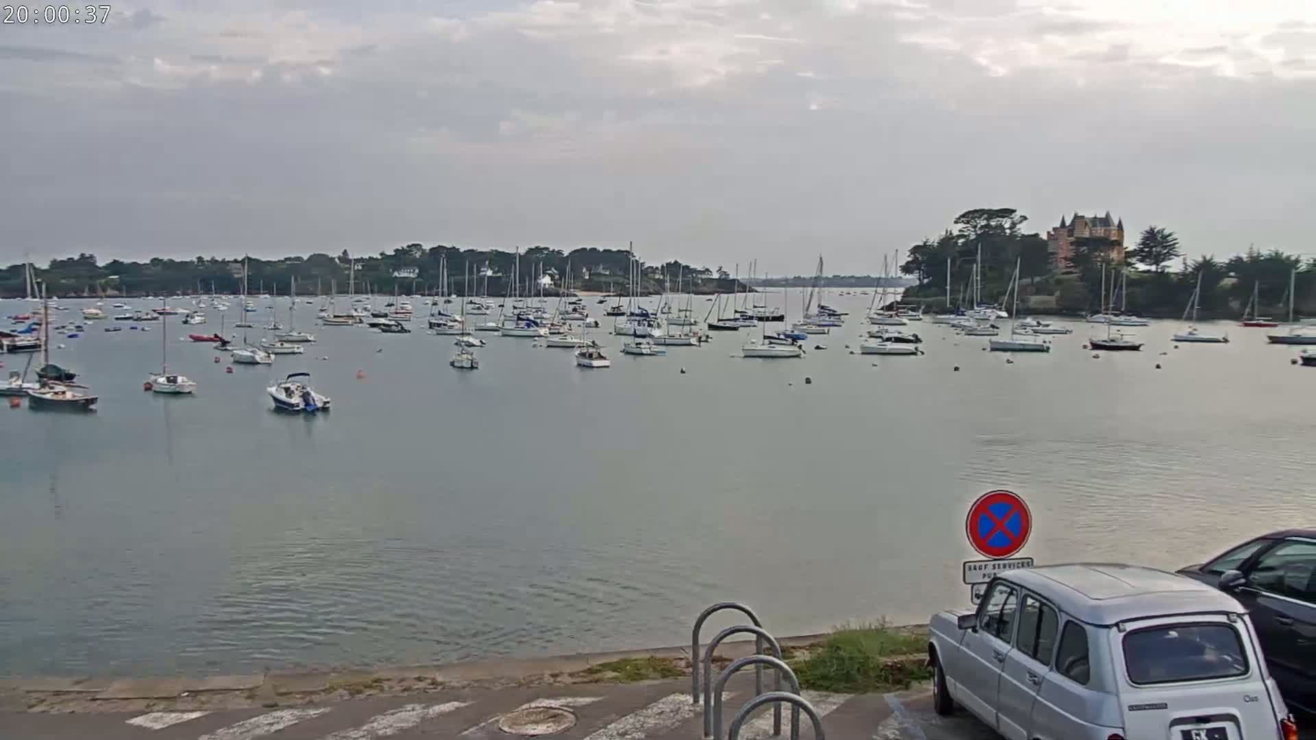 Many sailboats are moored in a calm body of water under an overcast sky, with a few cars parked near the shoreline.