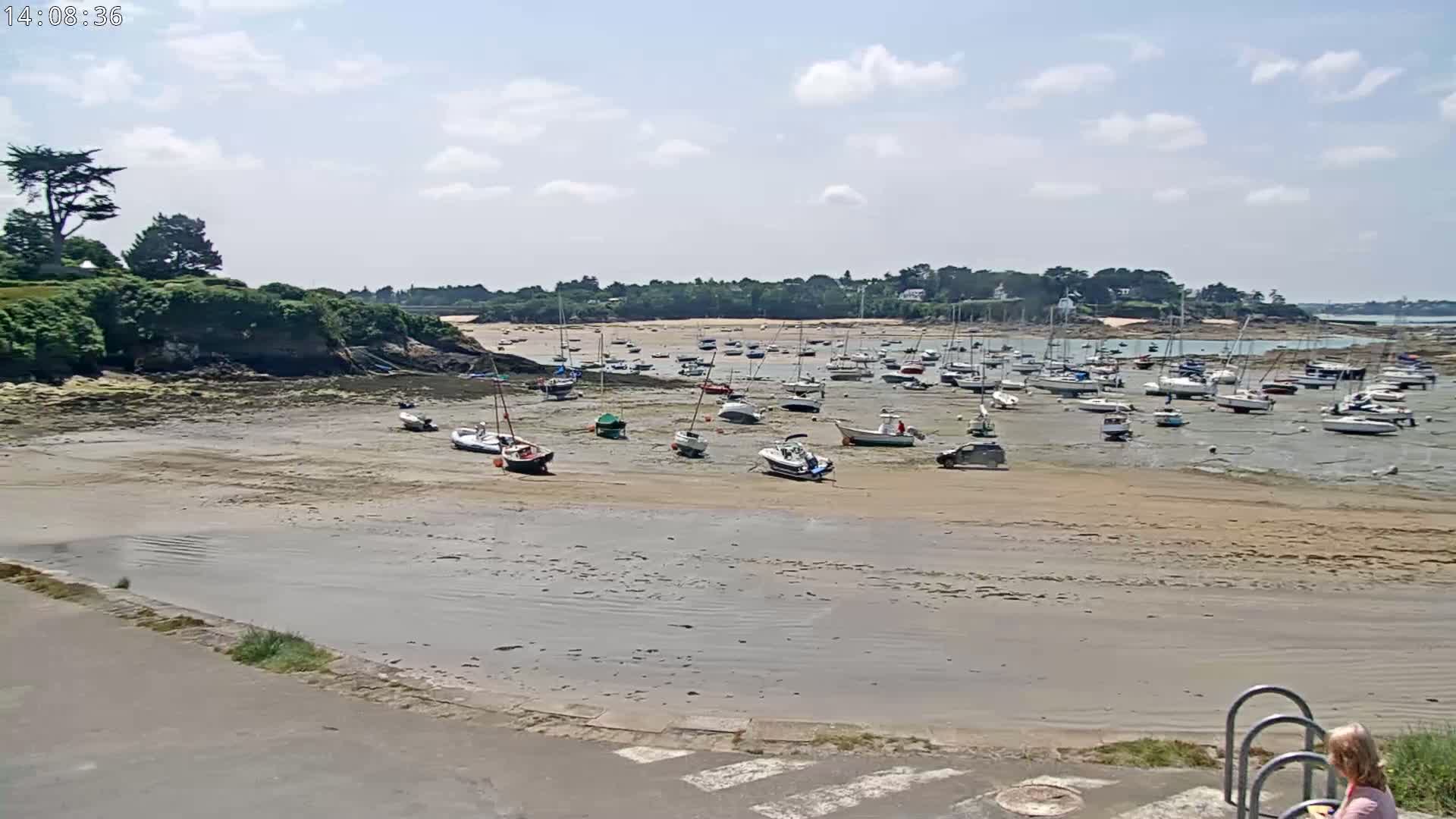 Many boats sit on a wide, sandy, exposed seabed under a partly cloudy sky.