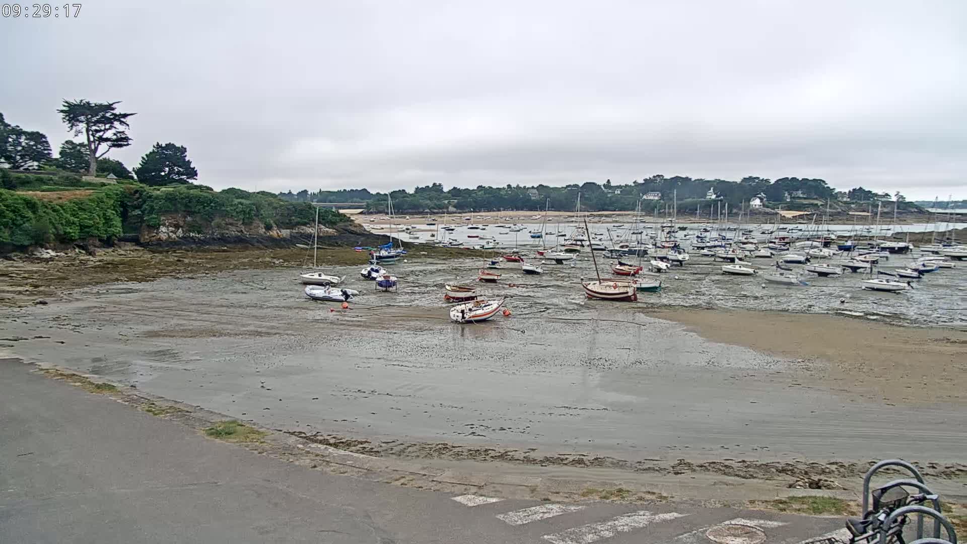 Numerous sailboats are grounded on a sandy, exposed harbor bottom at low tide under an overcast sky.