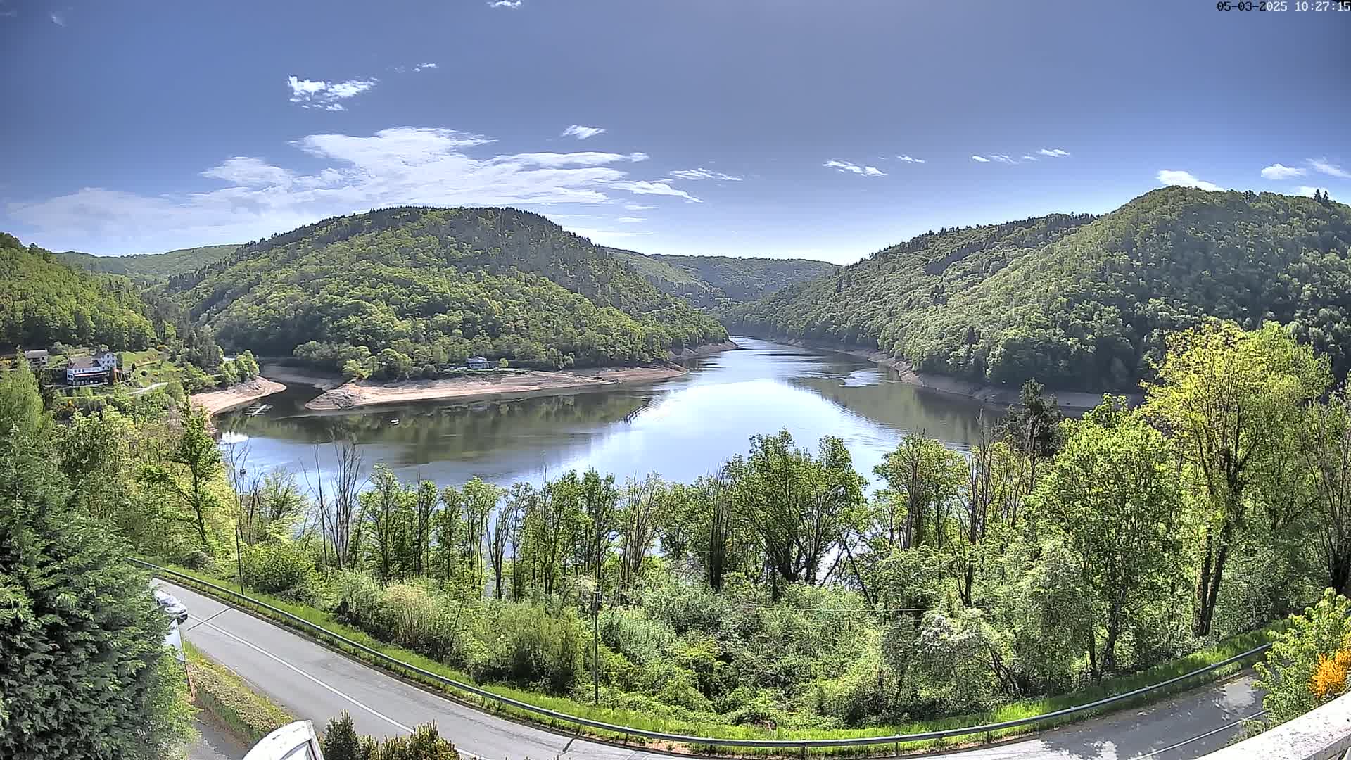 A calm river winds through a valley of lush green trees under a mostly sunny sky.