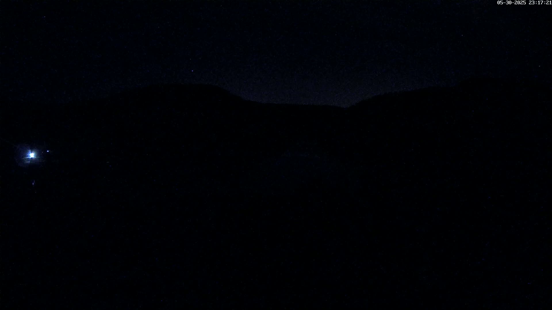 A dark, nighttime scene shows a distant, silhouetted mountain range under a clear, starry sky.