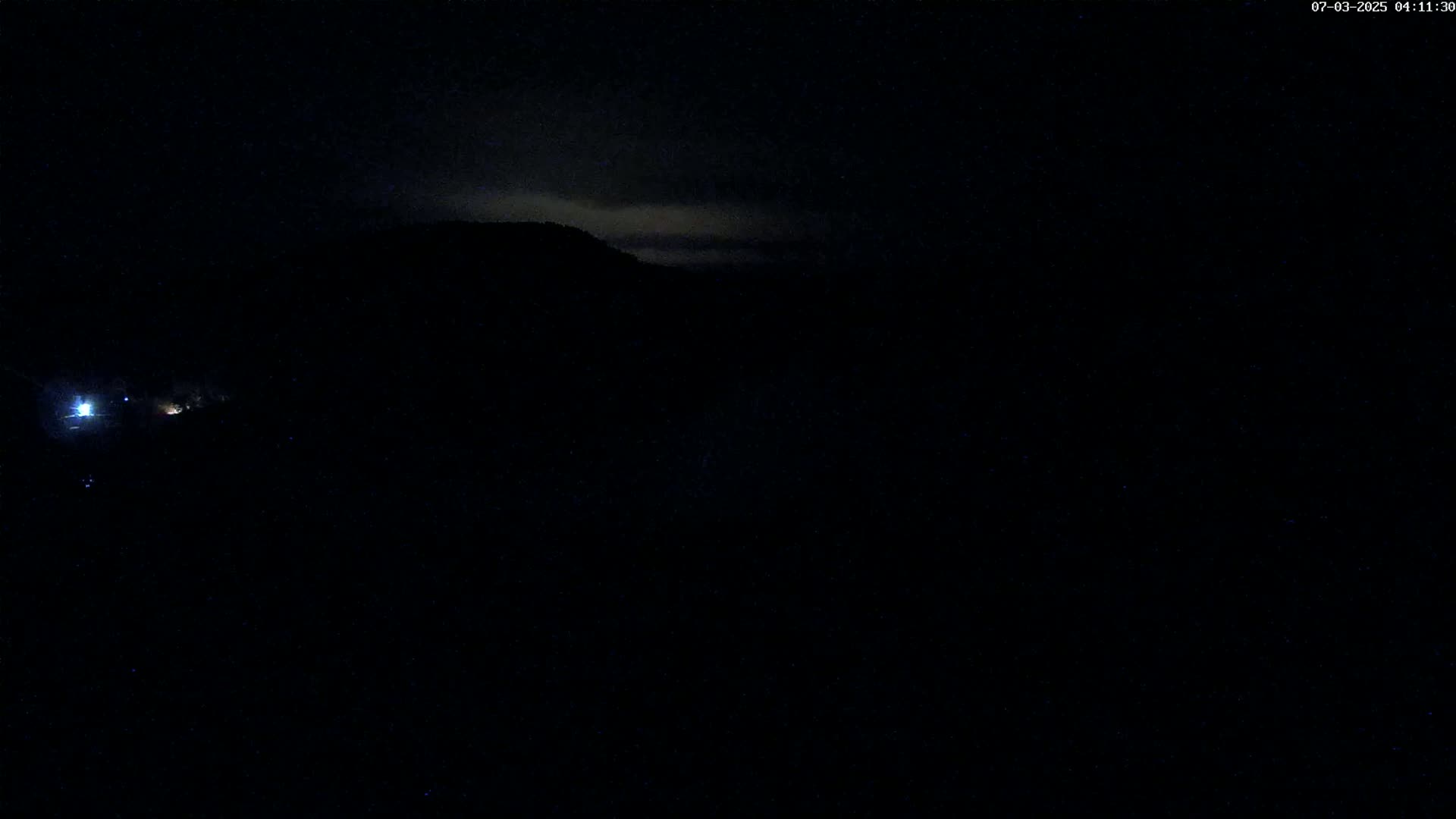 A dark, nighttime scene shows a distant, silhouetted mountain under a mostly cloudy sky with a few faint lights visible in the foreground.