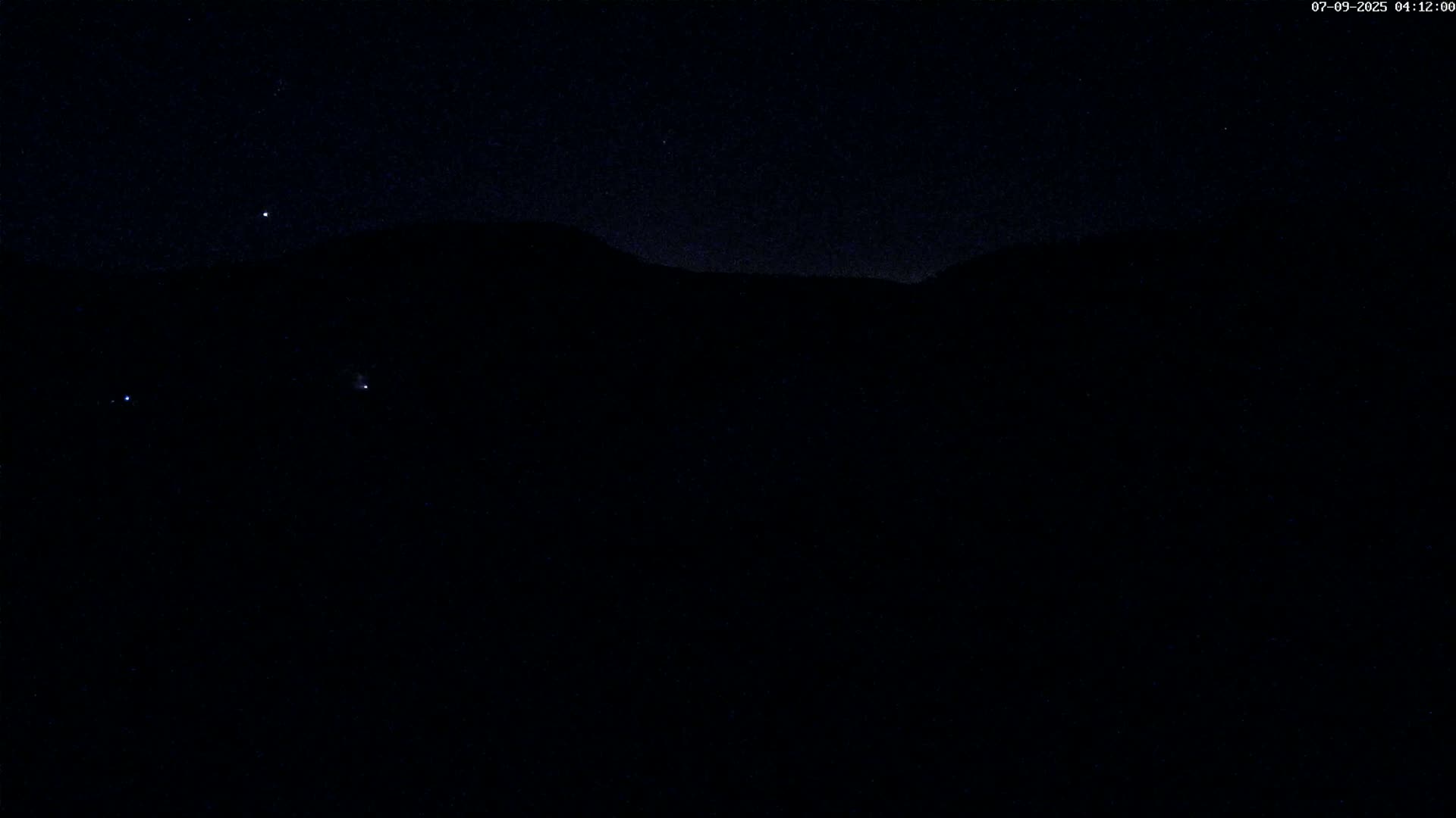 A dark, nighttime landscape shows a silhouetted mountain range under a clear, starlit sky.