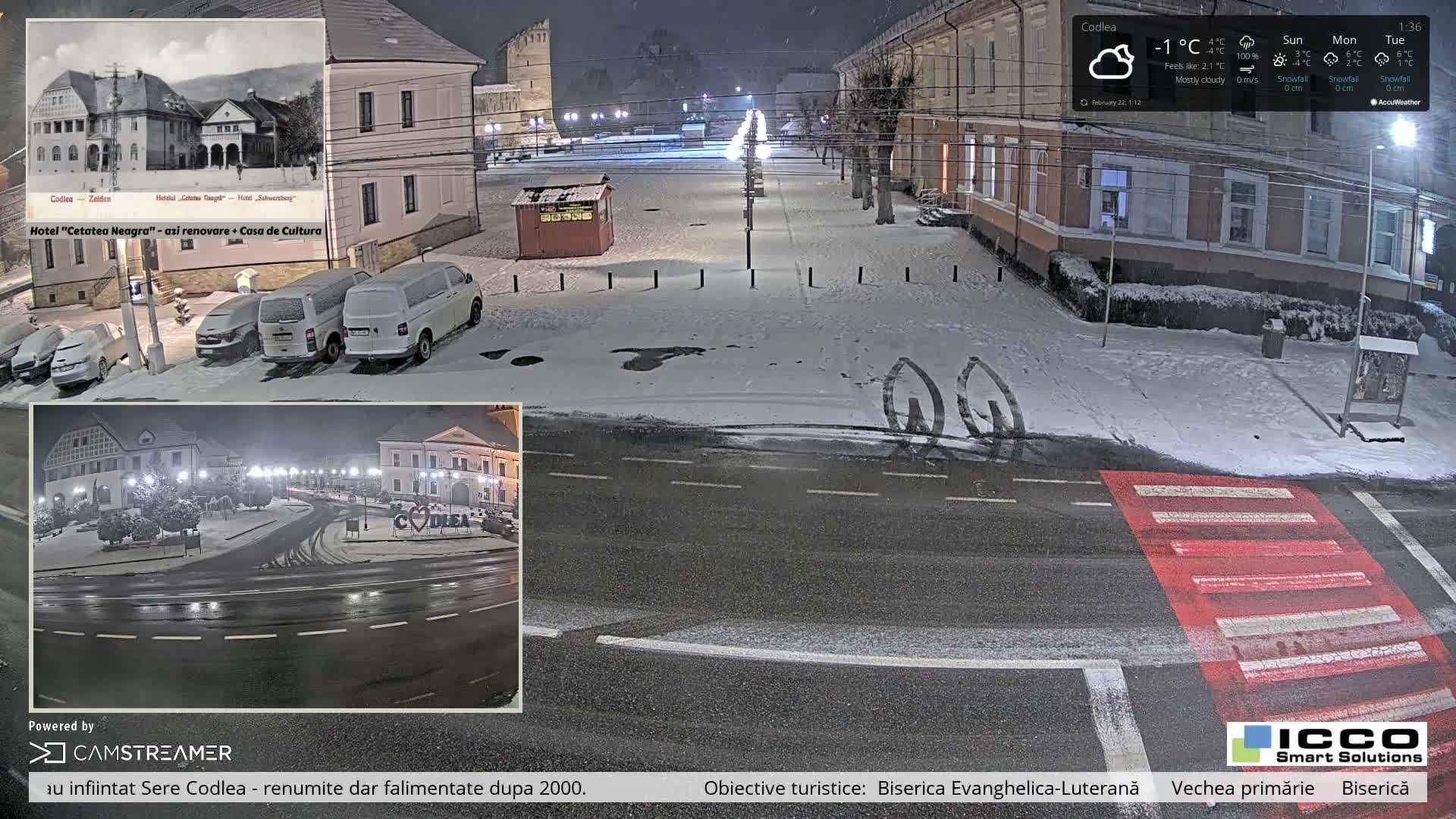 Brasov, Promenada Codlea Promenade & Turnul Țesătorilor  (Weavers Tower) View, Codlea Live Cam -  Codlea, Braşov, Romania  2026-02-22 02:29