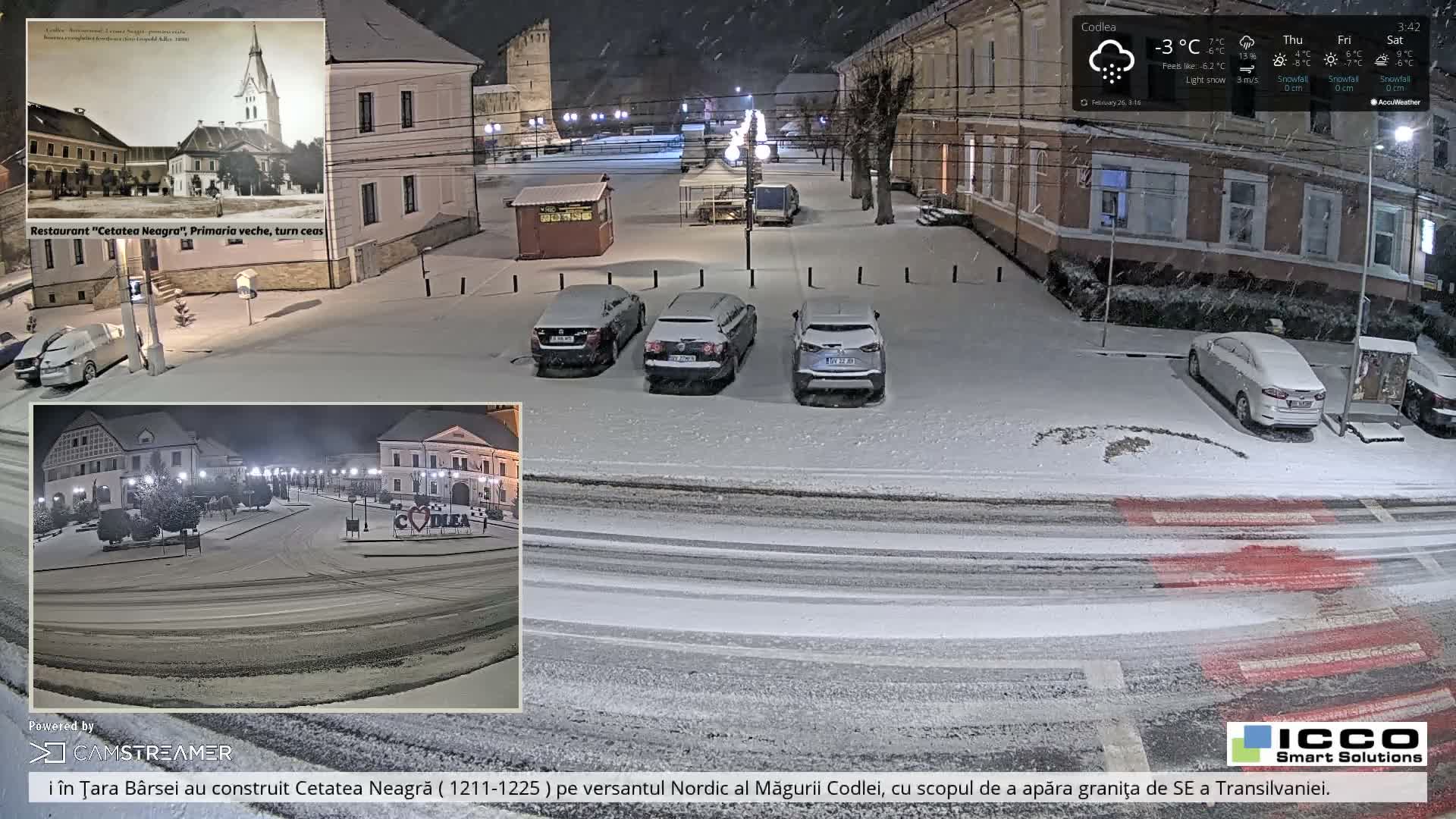 Brasov, Promenada Codlea Promenade & Turnul Țesătorilor  (Weavers Tower) View, Codlea Live Cam -  Codlea, Braşov, Romania  2026-02-22 02:29
