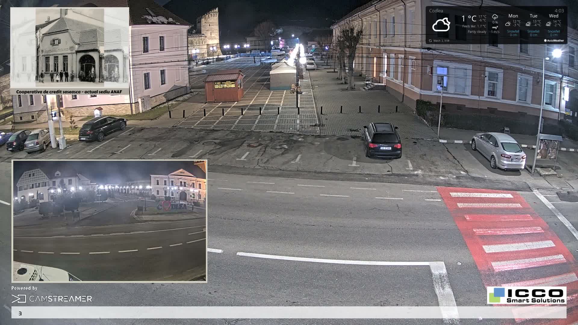 Brasov, Promenada Codlea Promenade & Turnul Țesătorilor  (Weavers Tower) View, Codlea Live Cam -  Codlea, Braşov, Romania  2026-02-22 02:29