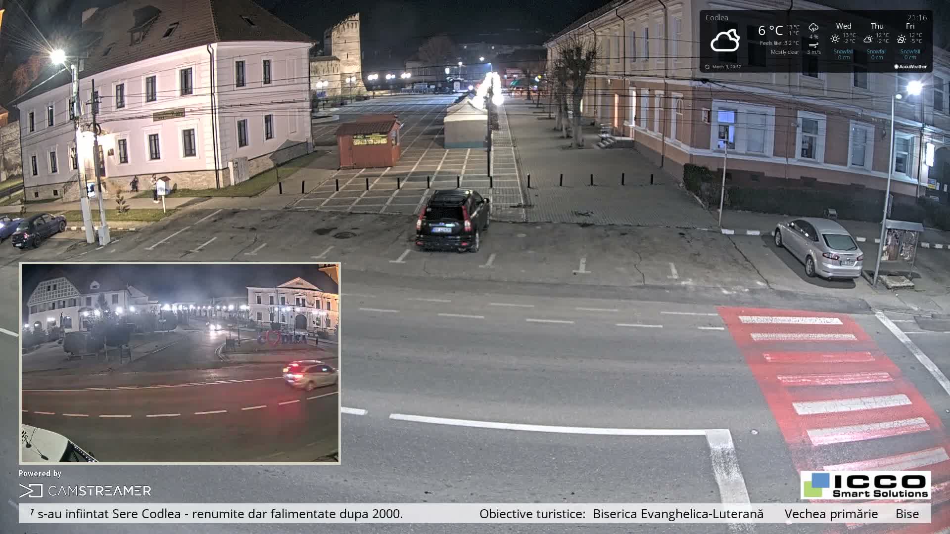 Brasov, Promenada Codlea Promenade & Turnul Țesătorilor  (Weavers Tower) View, Codlea Live Cam -  Codlea, Braşov, Romania  2026-02-22 02:29