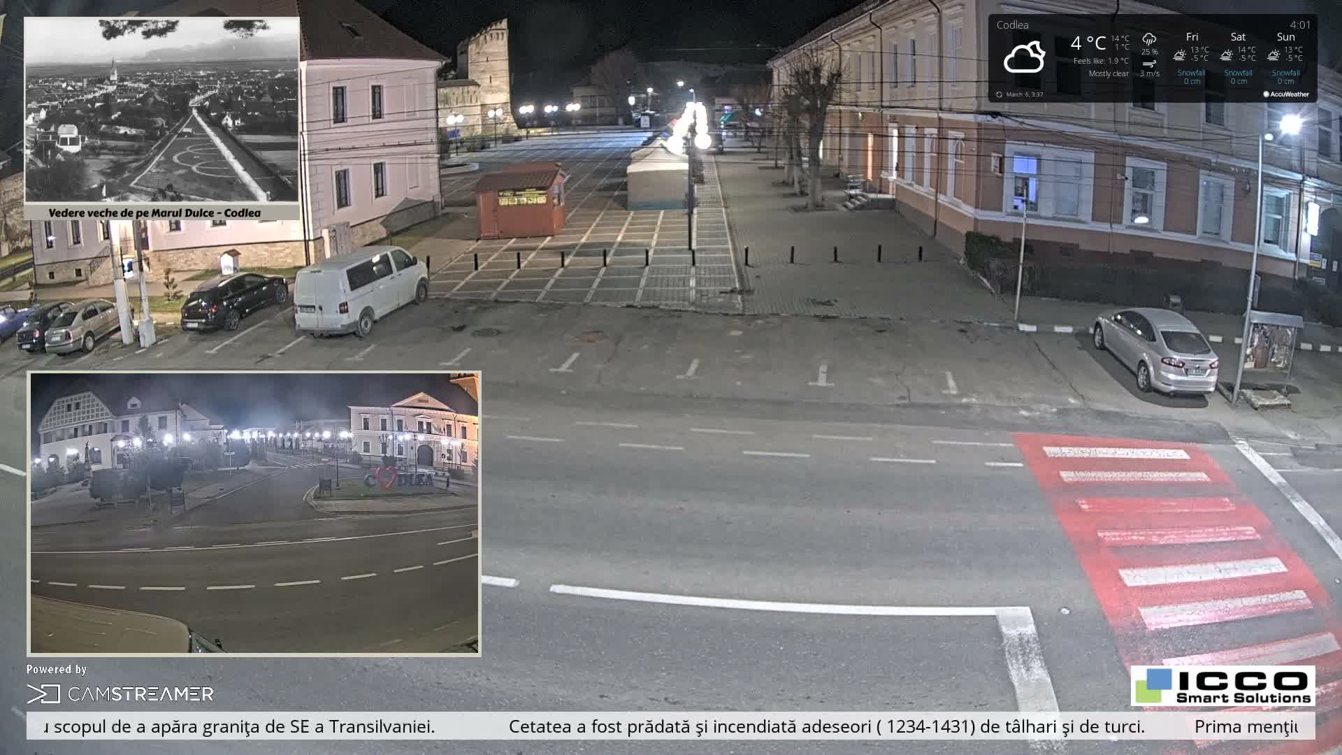Brasov, Promenada Codlea Promenade & Turnul Țesătorilor  (Weavers Tower) View, Codlea Live Cam -  Codlea, Braşov, Romania  2026-02-22 02:29