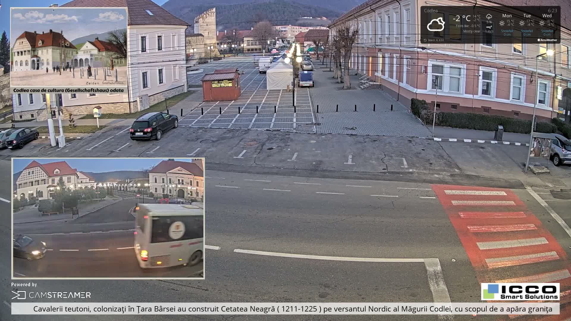 Brasov, Promenada Codlea Promenade & Turnul Țesătorilor  (Weavers Tower) View, Codlea Live Cam -  Codlea, Braşov, Romania  2026-02-22 02:29