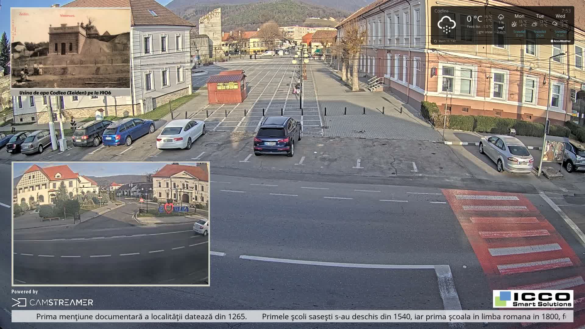 Brasov, Promenada Codlea Promenade & Turnul Țesătorilor  (Weavers Tower) View, Codlea Live Cam -  Codlea, Braşov, Romania  2026-02-22 02:29