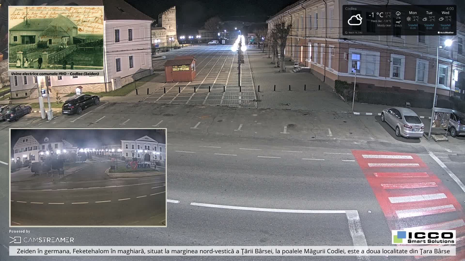 Brasov, Promenada Codlea Promenade & Turnul Țesătorilor  (Weavers Tower) View, Codlea Live Cam -  Codlea, Braşov, Romania  2026-02-22 02:29