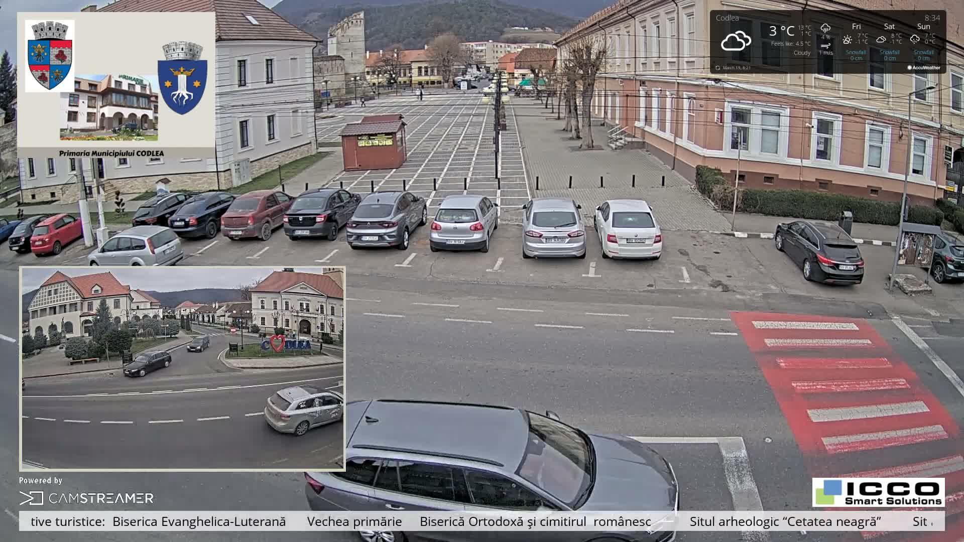 Brasov, Promenada Codlea Promenade & Turnul Țesătorilor  (Weavers Tower) View, Codlea Live Cam -  Codlea, Braşov, Romania  2026-02-22 02:29