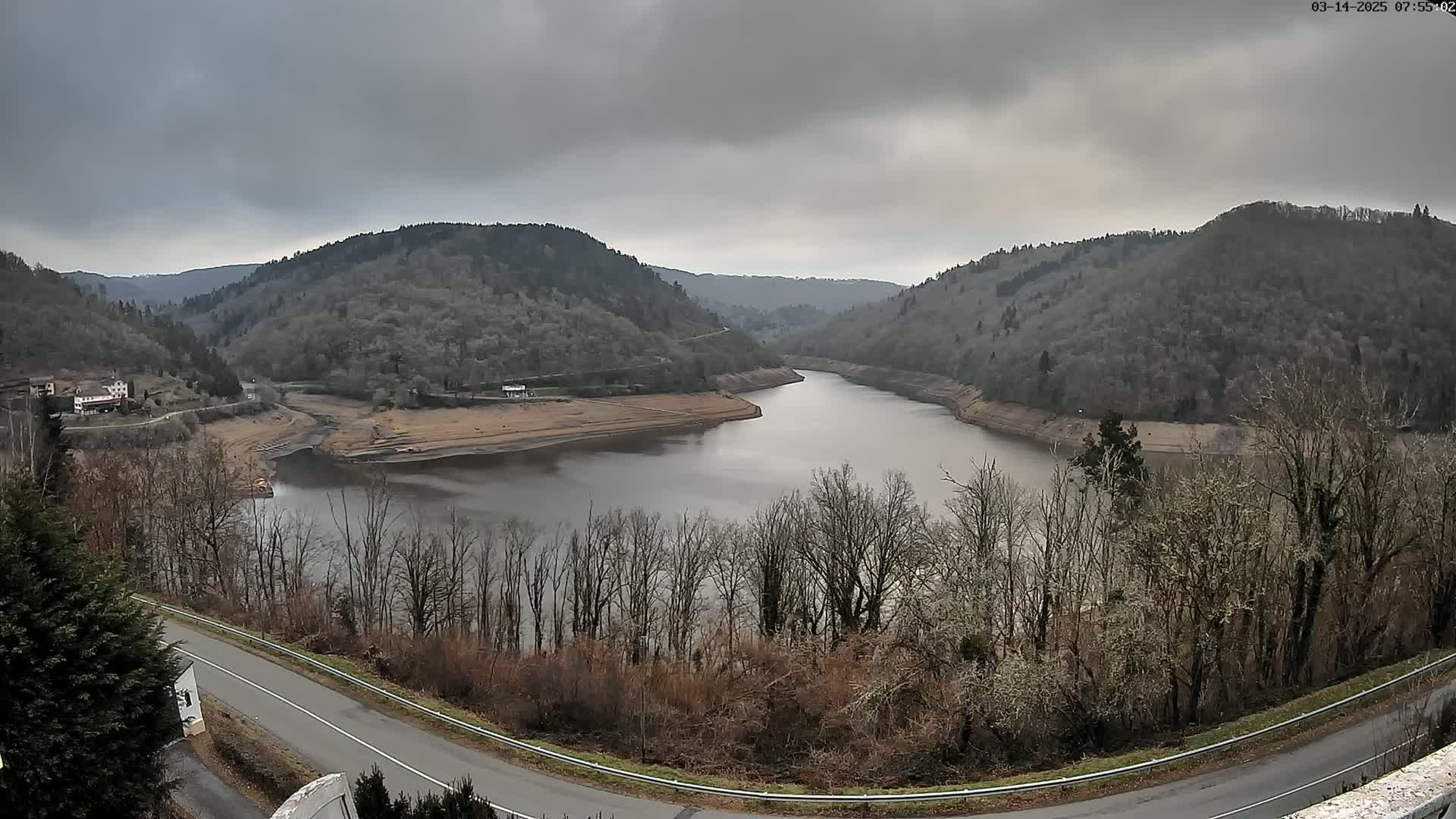 A winding river flows through a valley of bare, winter trees under a cloudy sky.