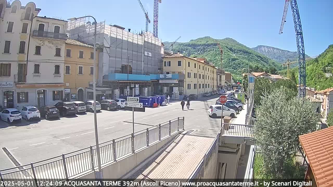 A sunny day in a town with buildings under construction, cars parked along a street, and pedestrians walking near a pedestrian crossing.