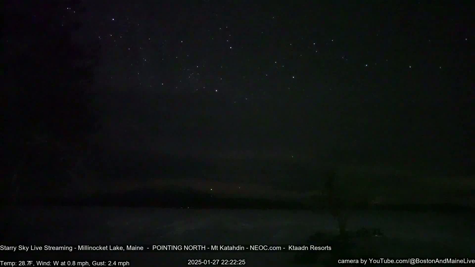 A night scene shows a dark sky filled with stars over a dark, low horizon with a slight wind.