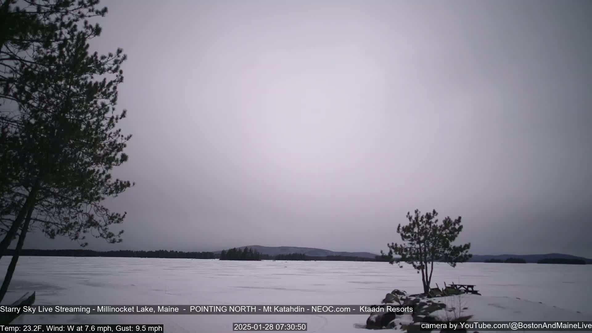A snow-covered frozen lake is seen under an overcast sky, with a few trees in the foreground.