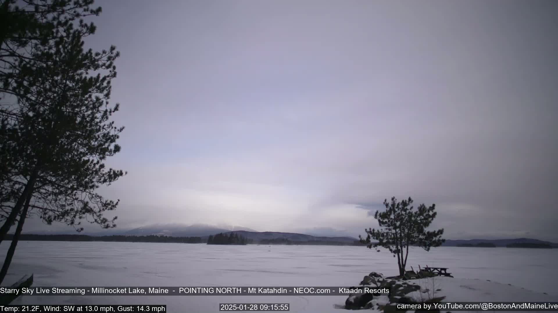 A snow-covered lake with a few trees and distant mountains under an overcast sky.