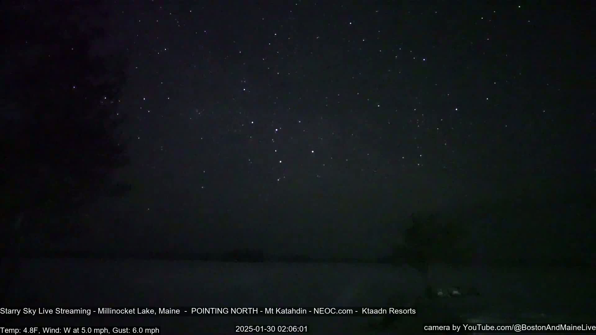 A nighttime outdoor scene shows a dark sky filled with many stars over a snow-covered landscape with a slight wind.