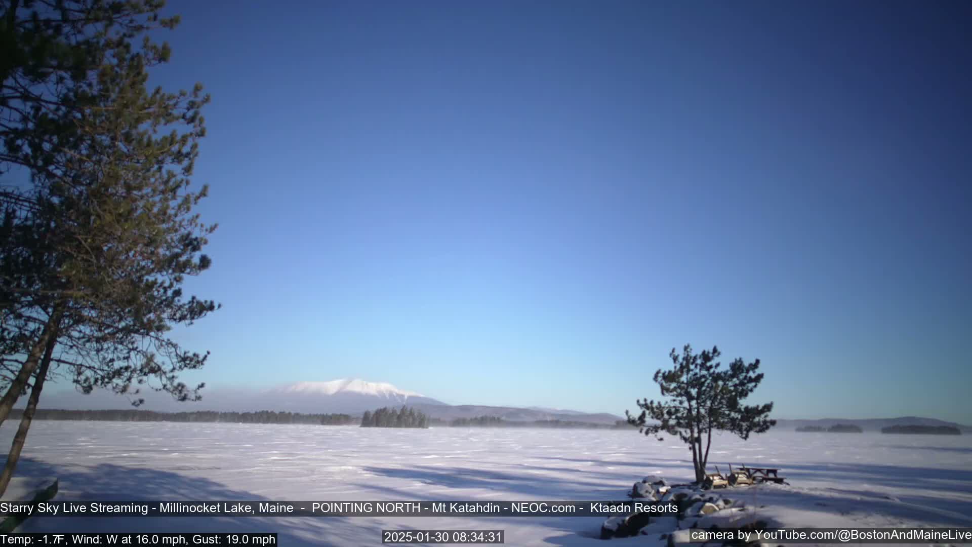 A snow-covered lake stretches to a distant mountain range under a clear blue sky, with a few trees in the foreground.