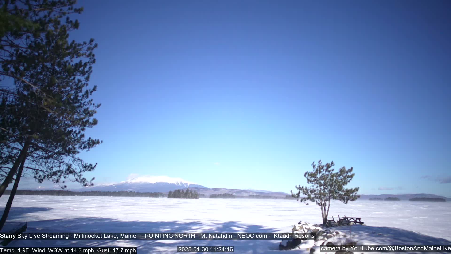A snow-covered lake stretches to a mountain range under a clear blue sky, with a few trees in the foreground.