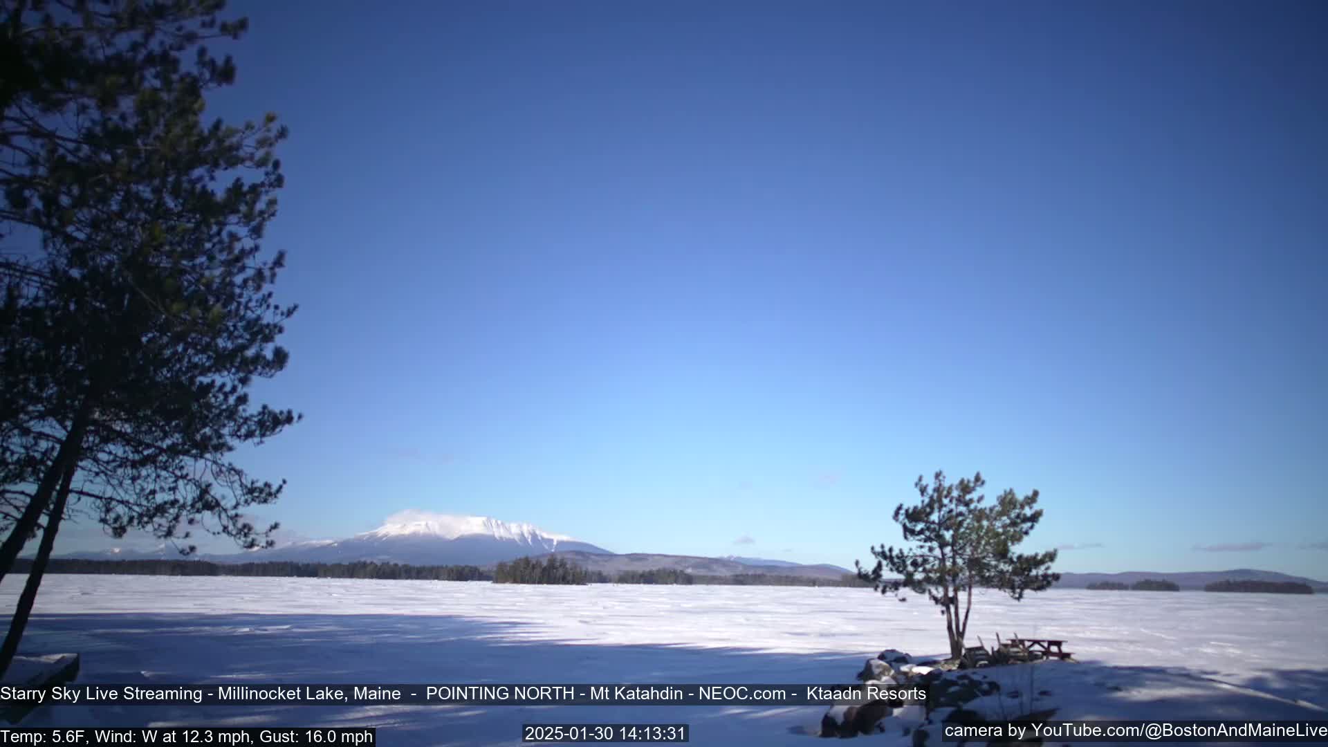 A snow-covered lake stretches to a distant mountain range under a clear blue sky, with a few evergreen trees in the foreground.