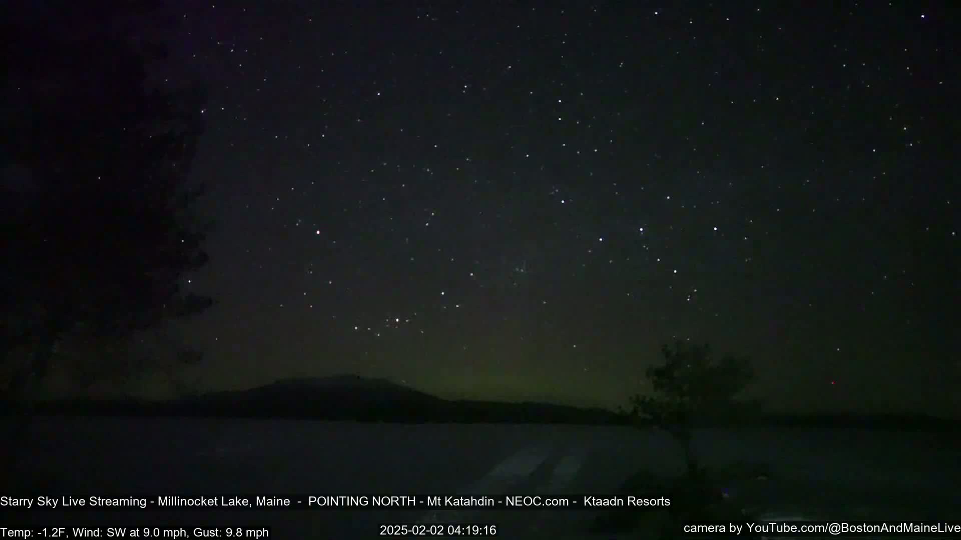 A nighttime view of a starry sky over a dark lake and silhouetted trees, with a slight wind.