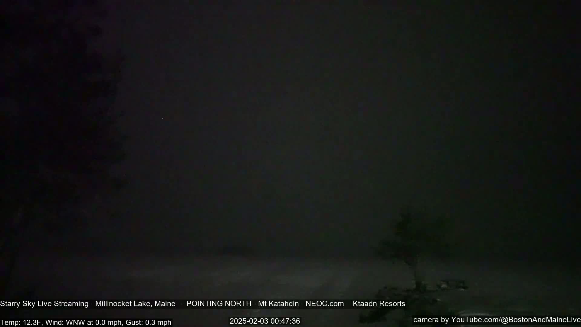 A dark, snowy scene at night with minimal visibility.