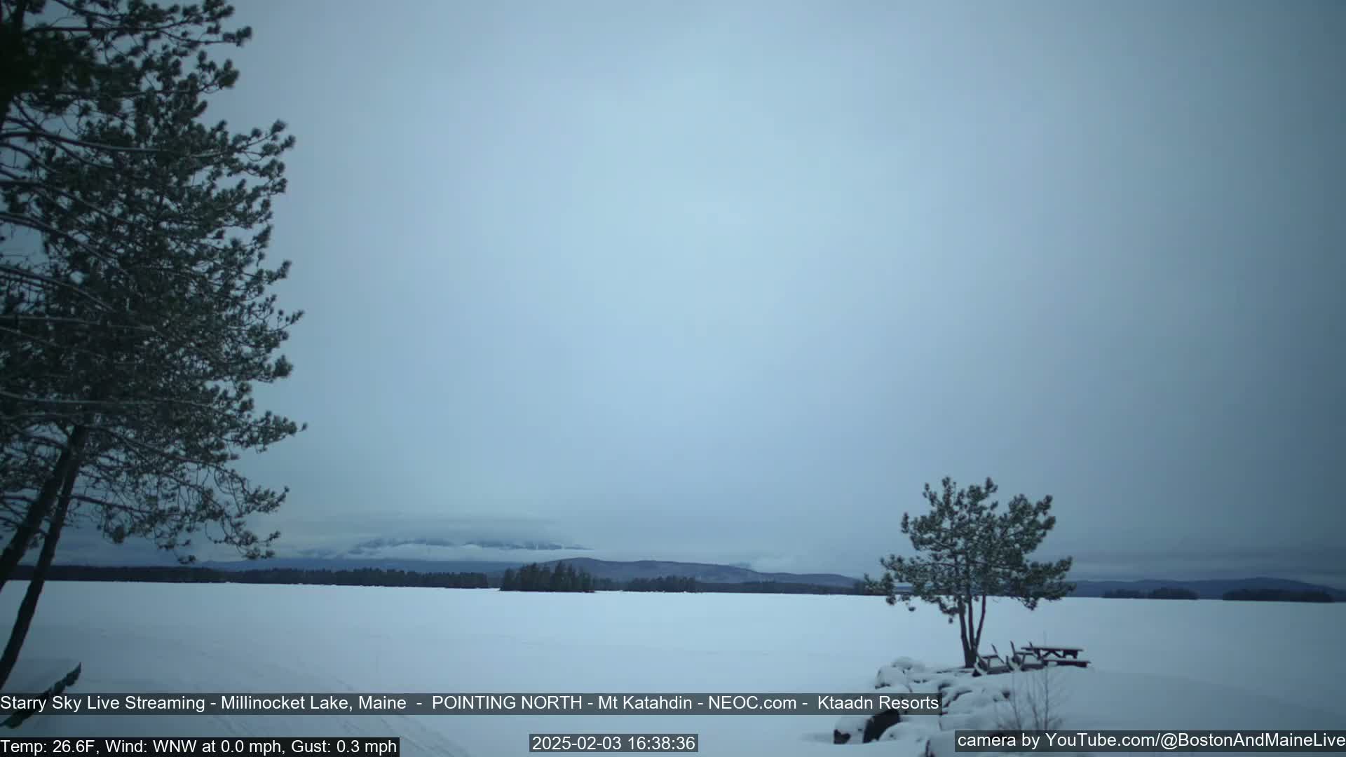 A snow-covered lake and distant mountains are visible under a cloudy, overcast sky.