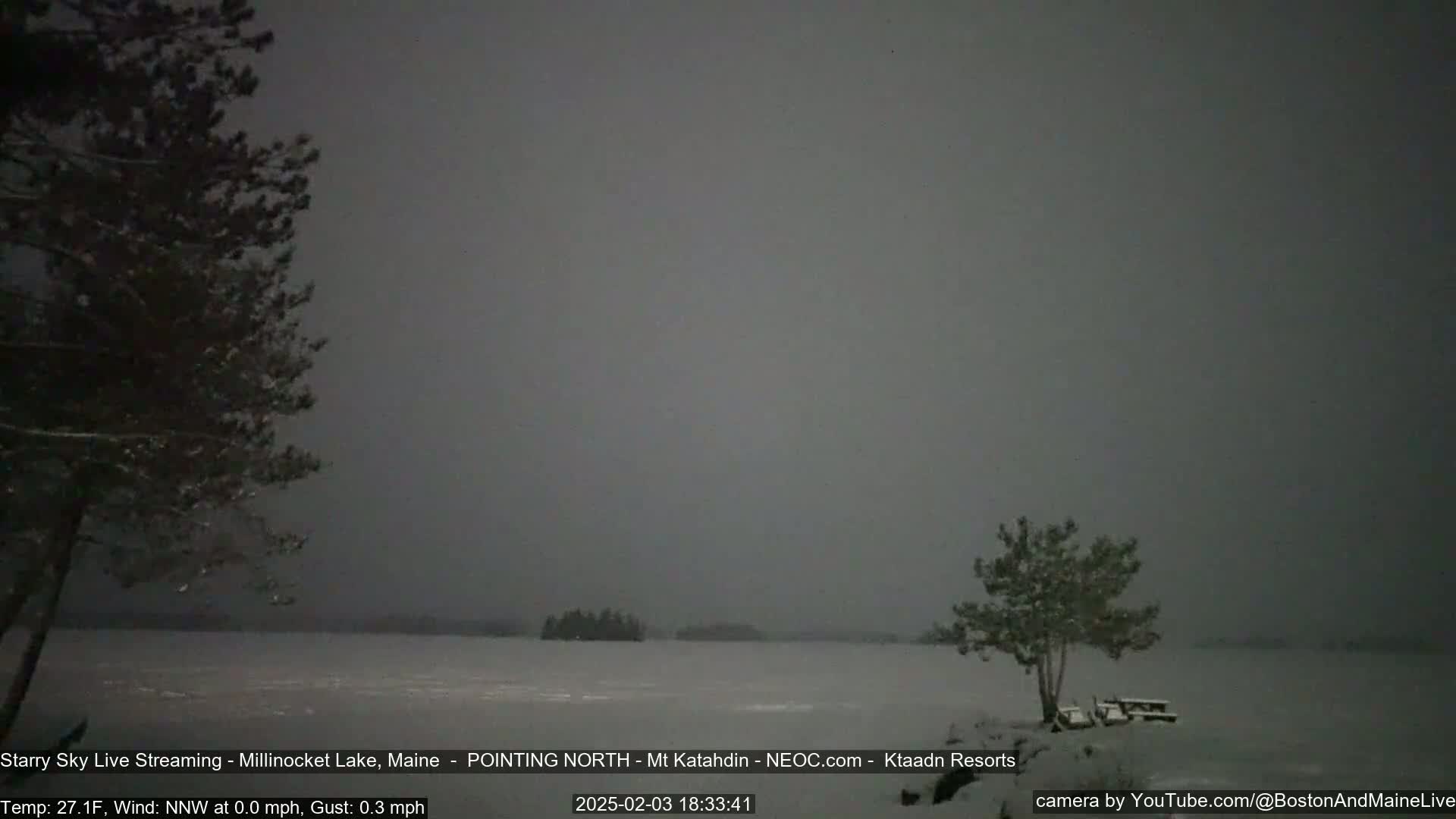 A snow-covered lake is seen under a gray, overcast sky, with snow-laden trees in the foreground.