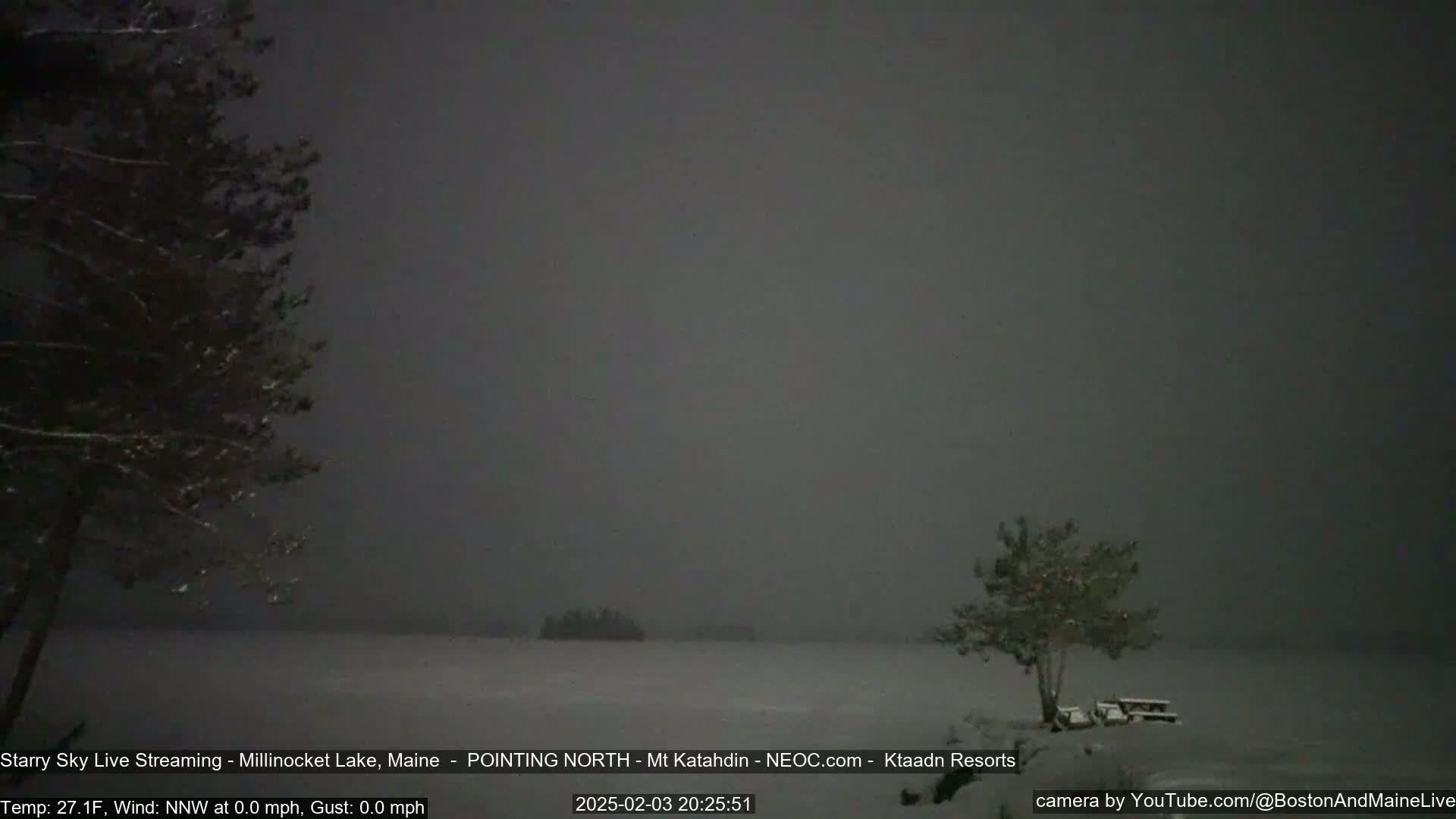 A snowy, dark scene shows a lake under a gray sky with snow falling, and several snow-covered trees are visible in the foreground and background.