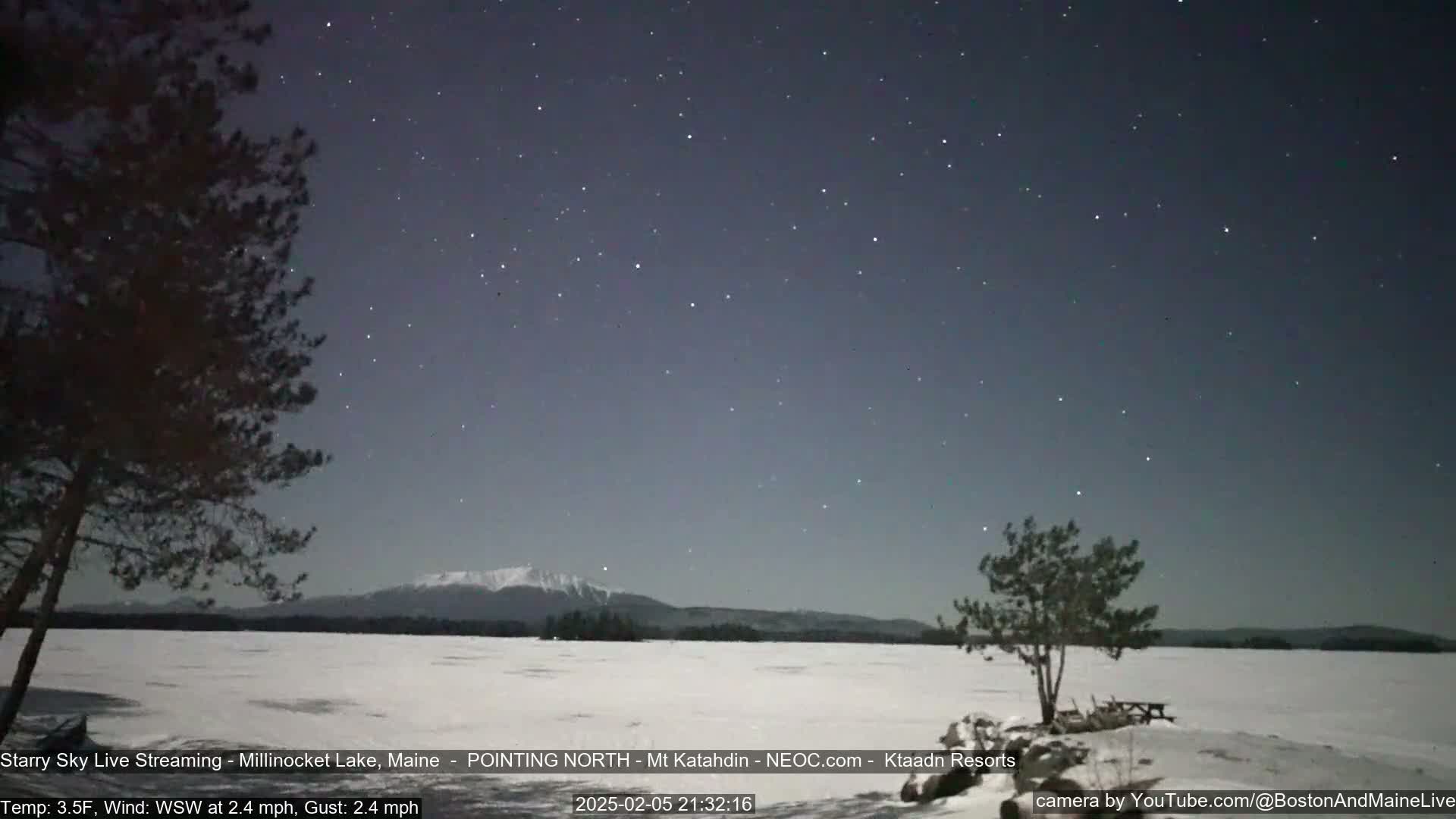 Under a clear, starry night sky, a snow-covered lake stretches towards a distant mountain range, with a few silhouetted trees in the foreground.