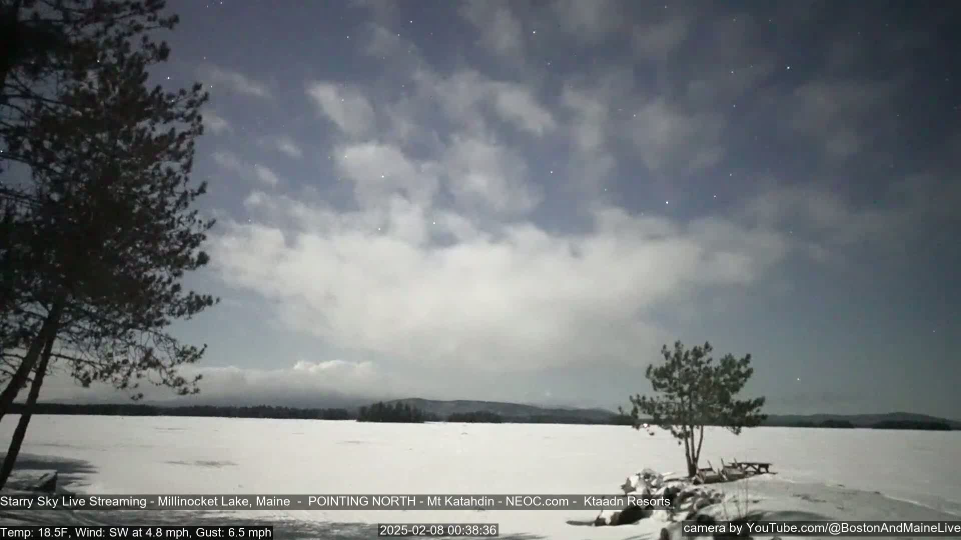 A snow-covered lake is visible under a partly cloudy night sky filled with stars, with a few dark trees in the foreground.