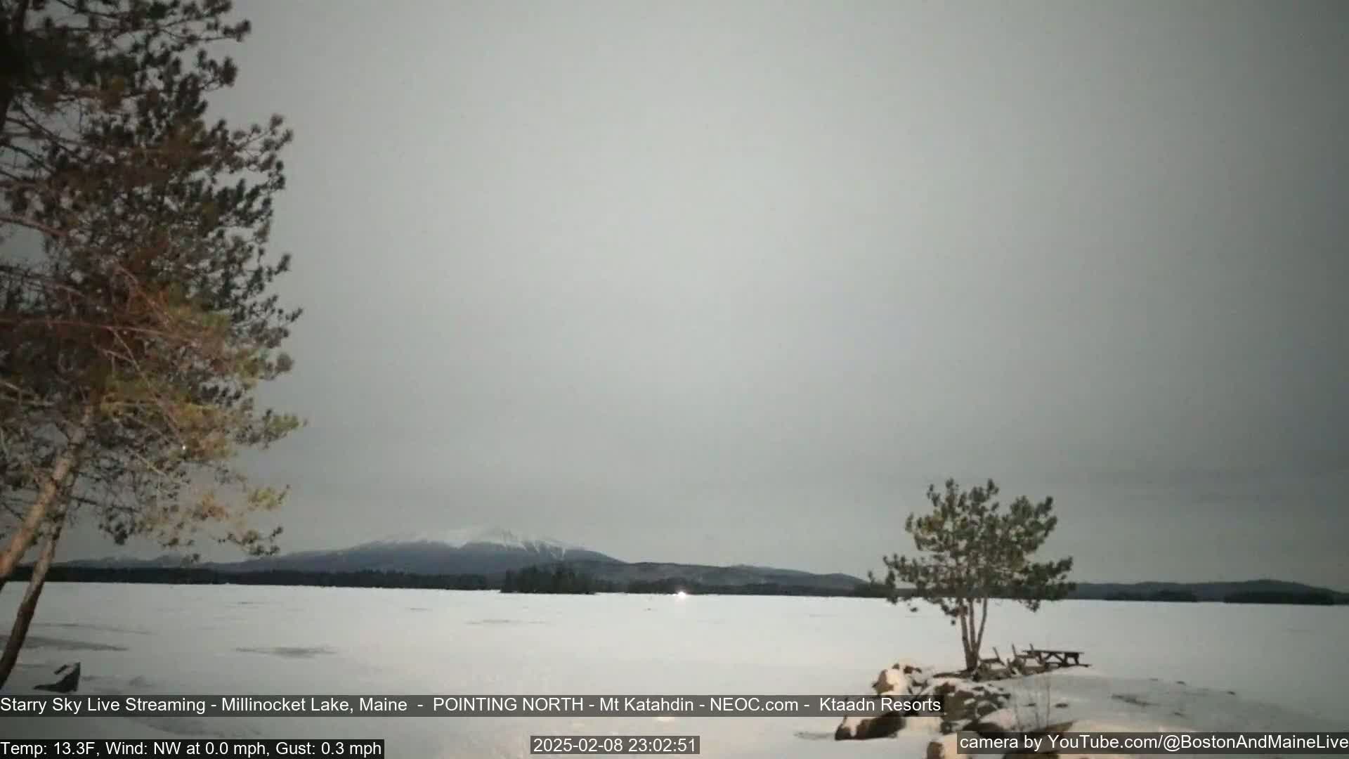 A frozen lake under a gray sky, with distant mountains visible on the horizon and a few trees in the foreground.