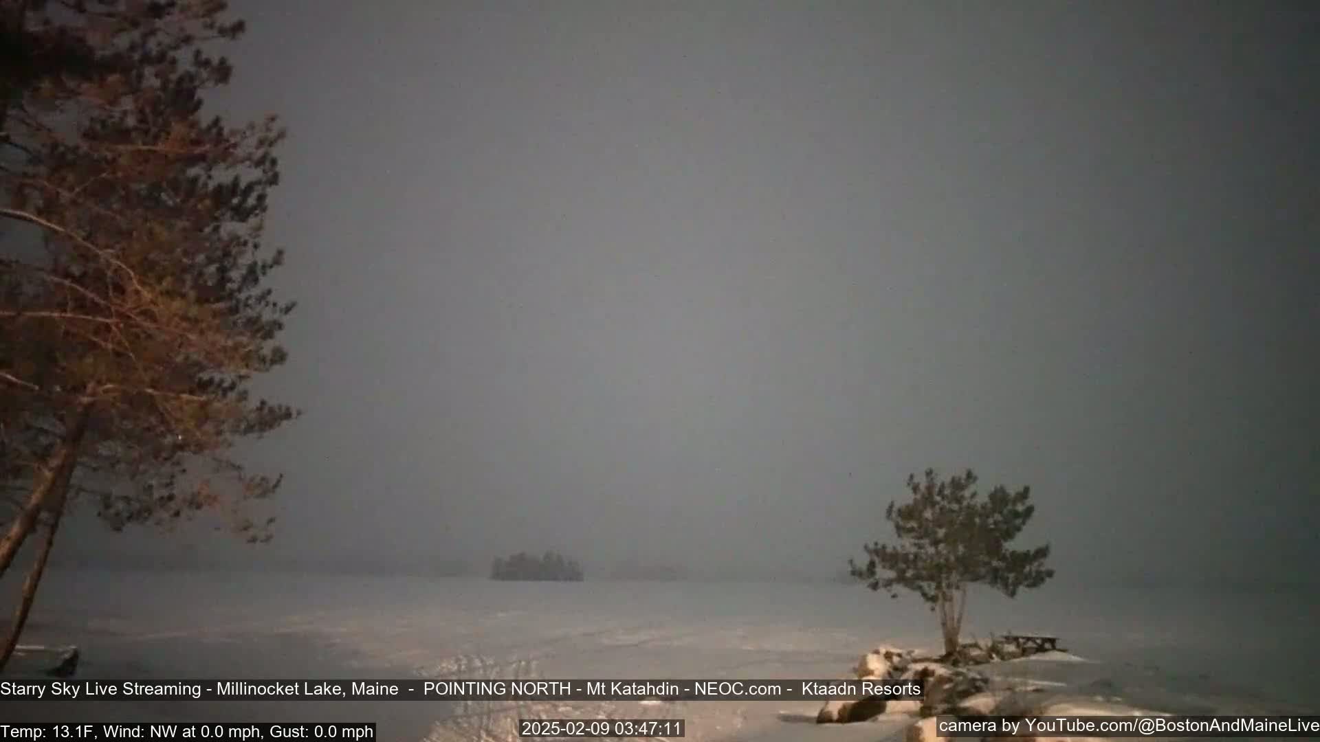 A snow-covered landscape with a calm lake and sparsely-treed shoreline is visible under a hazy, gray sky.