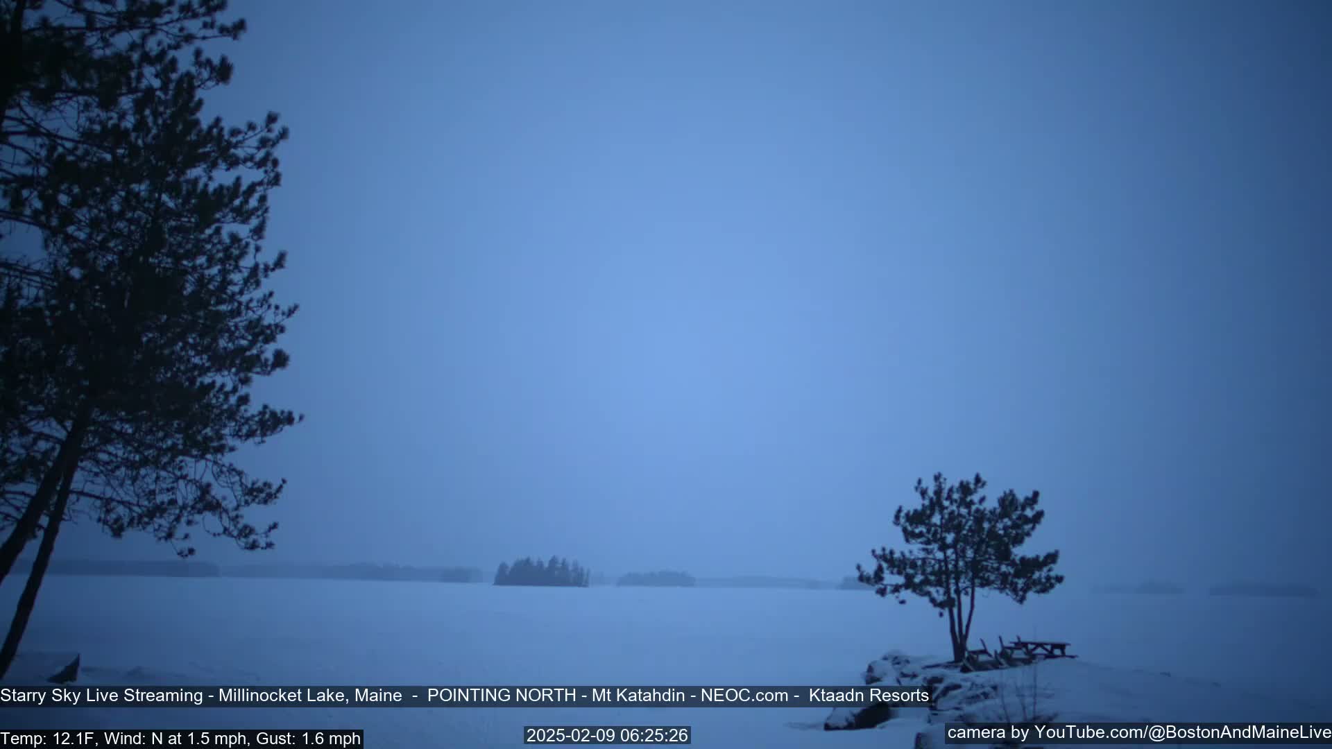 A snow-covered lake is seen at twilight under a clear, dusky blue sky, with dark evergreen trees silhouetted in the foreground and background.