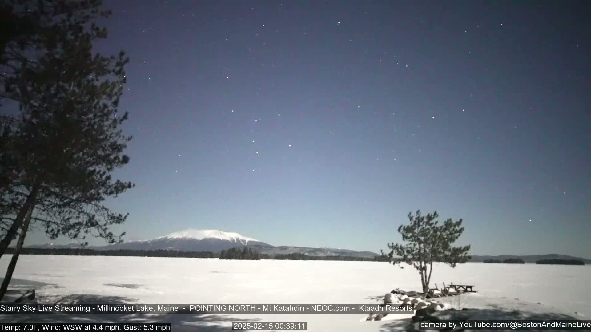A snow-covered lake under a starry night sky, with a mountain range visible in the distance and a few trees in the foreground, in cold, windy conditions.