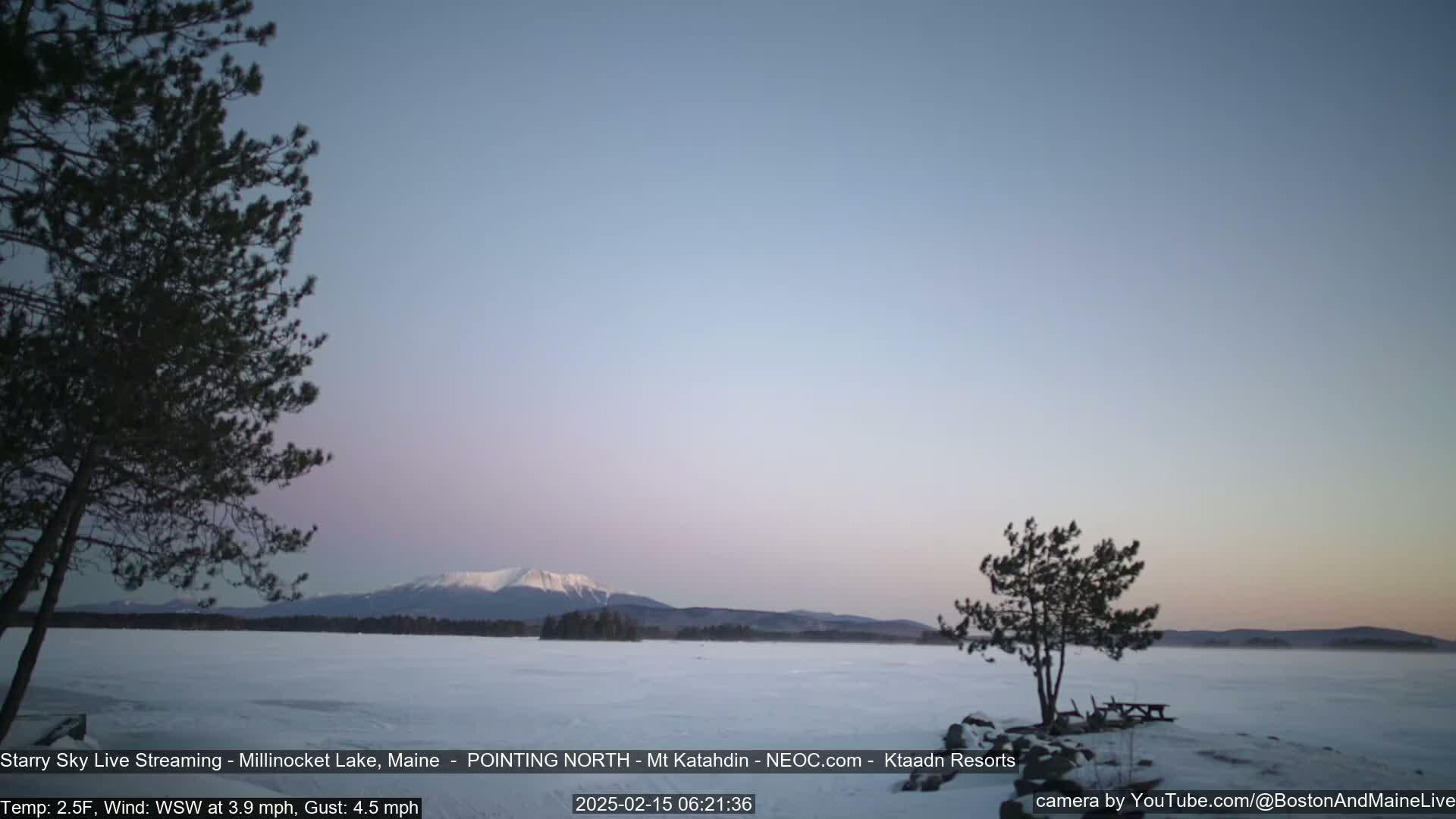 A snow-covered lake stretches to a mountain range under a twilight sky, with two dark evergreen trees in the foreground.