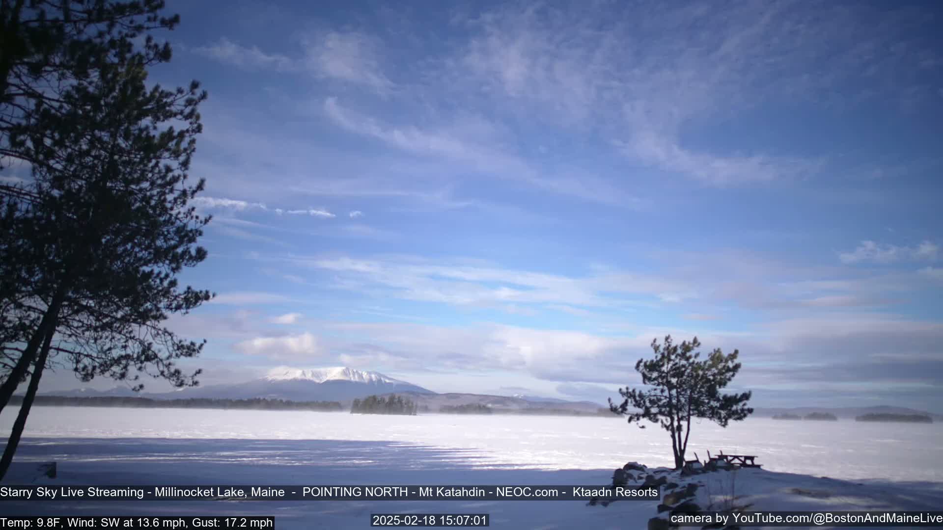 A snow-covered lake with a distant mountain range under a partly cloudy blue sky, two lone trees stand near a picnic table in the foreground.