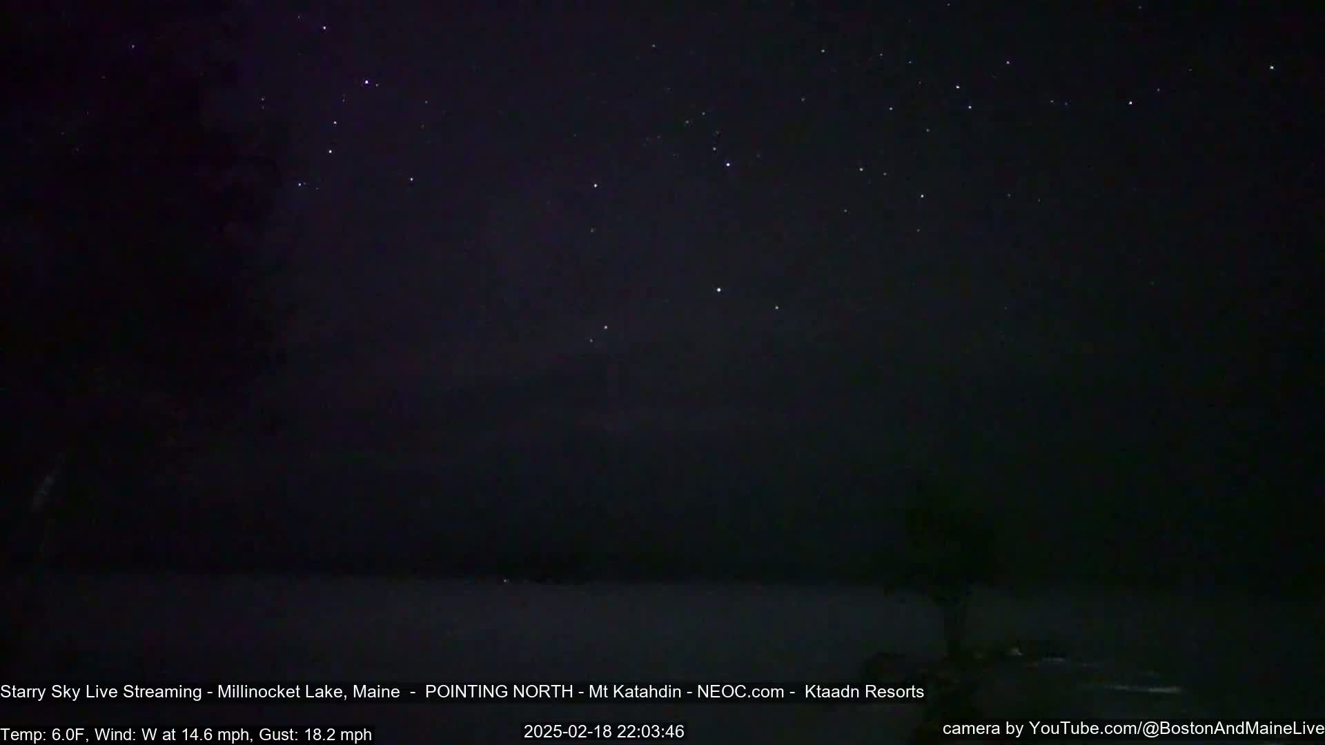 A nighttime scene shows a starry sky over a dark body of water, with a 6°F temperature and a 14.6 mph wind with gusts up to 18.2 mph.