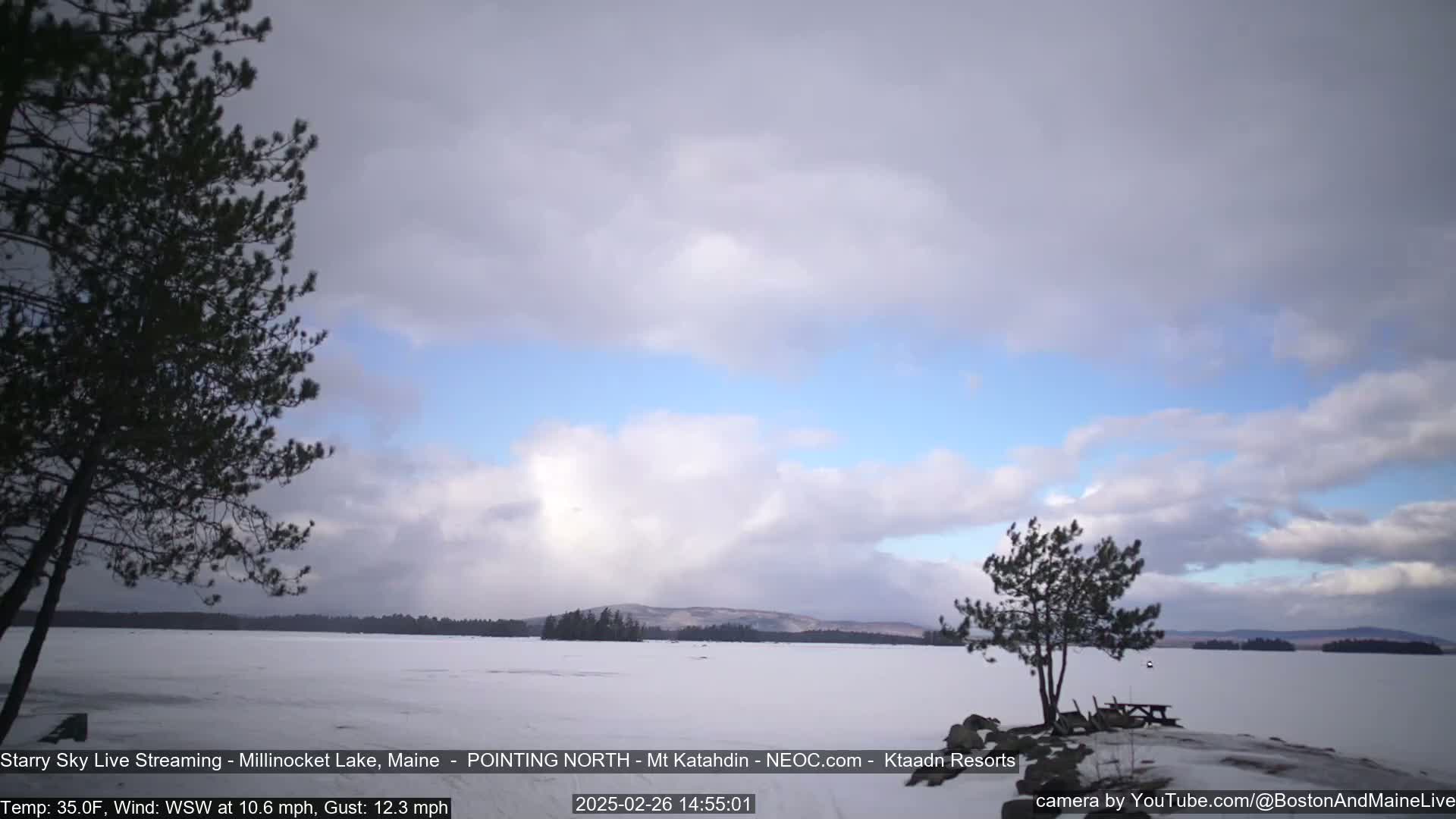 A snow-covered lake with a few trees on the shore under a partly cloudy sky.