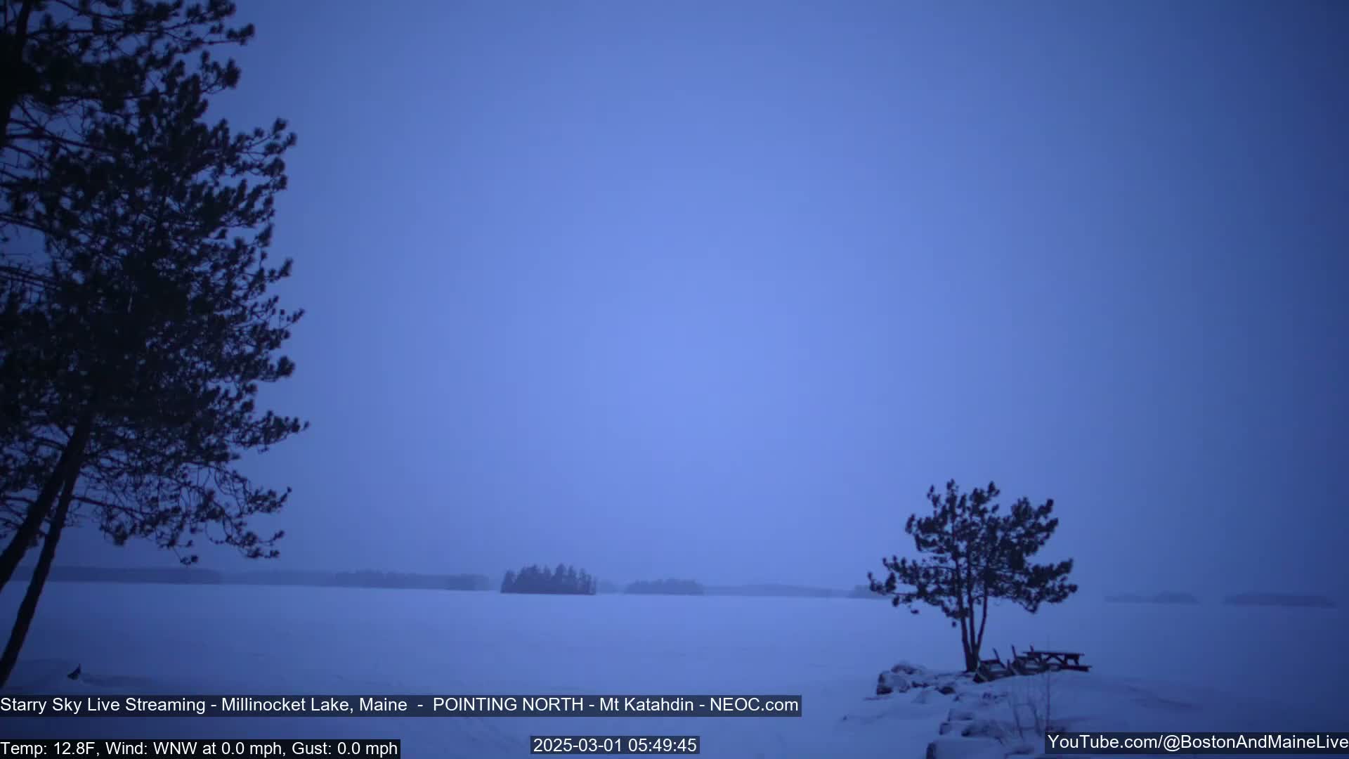 A snow-covered lake is visible under a twilight sky, with a few small islands in the distance and silhouetted pine trees in the foreground.