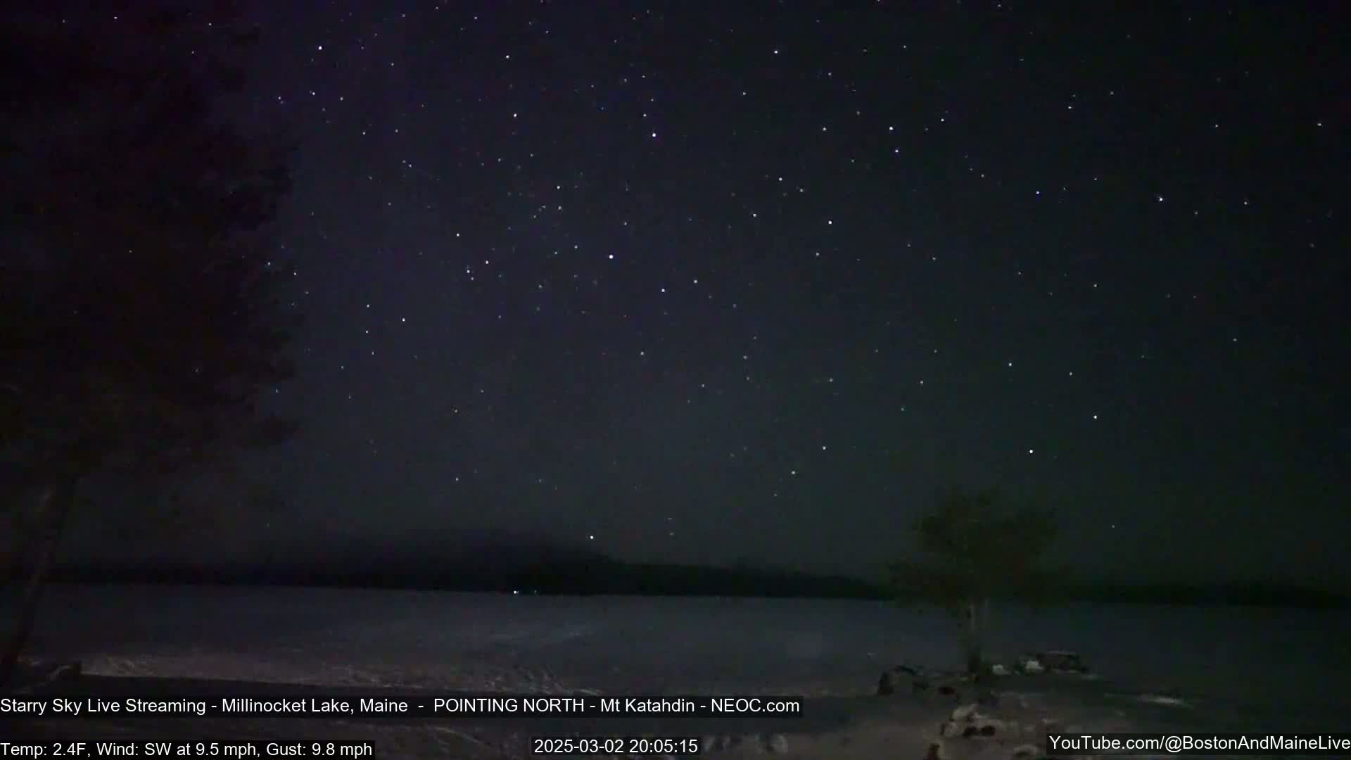 A nighttime scene shows a dark lake under a clear, star-filled sky with a light southwest wind.