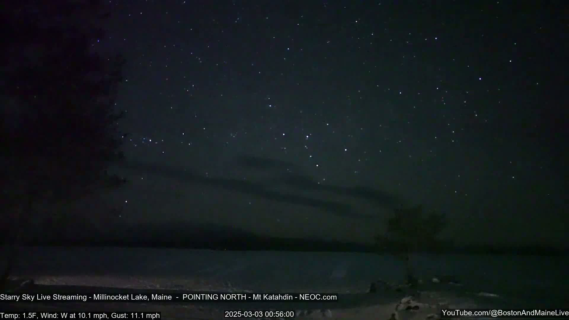 A nighttime view of a star-filled sky over a dark body of water, with a slight wind.
