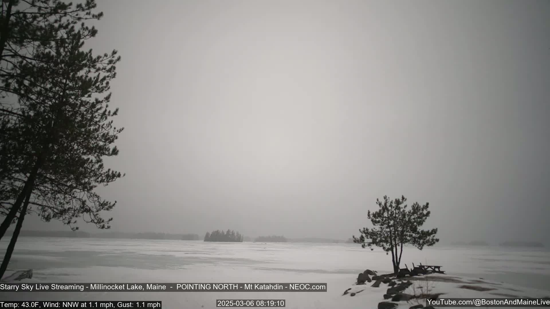 A snow-covered frozen lake is visible under an overcast sky, with a few trees in the foreground and some distant islands.