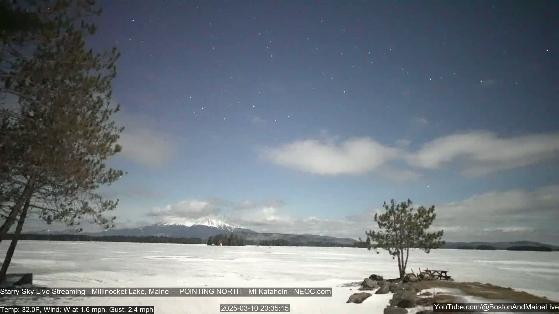 A snow-covered lake stretches out under a partly cloudy night sky dotted with stars, with a mountain range visible in the distance and two pine trees in the foreground.