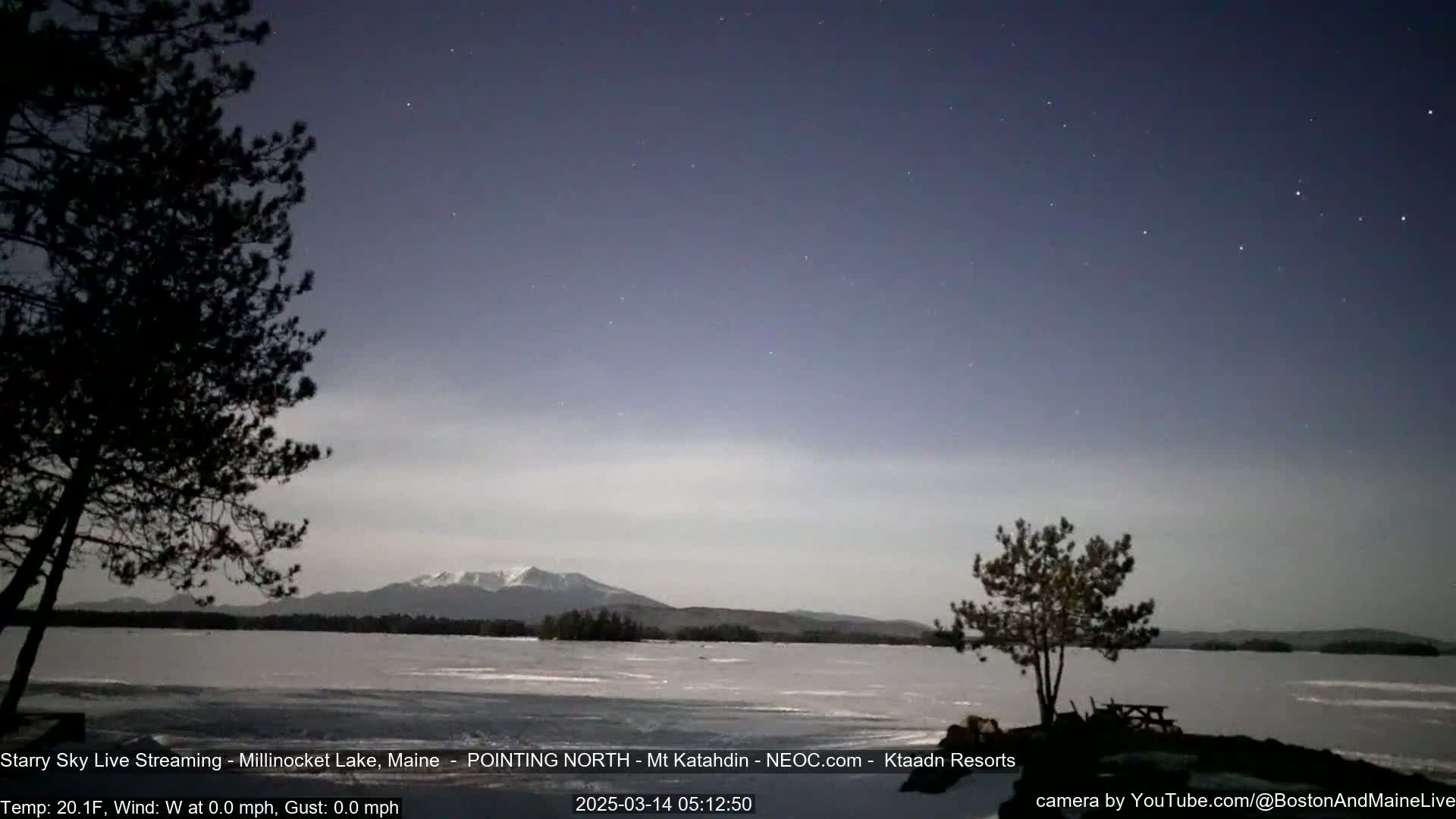 A starry night sky over a frozen lake with a distant mountain range under a light layer of clouds, a few silhouetted trees in the foreground.