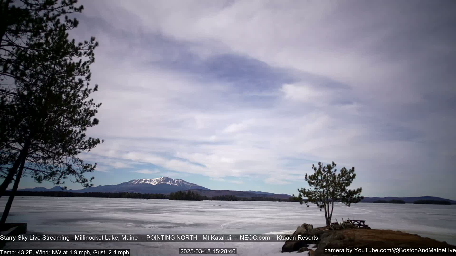 A partly cloudy sky overlooks a frozen lake with a distant, snow-capped mountain range.
