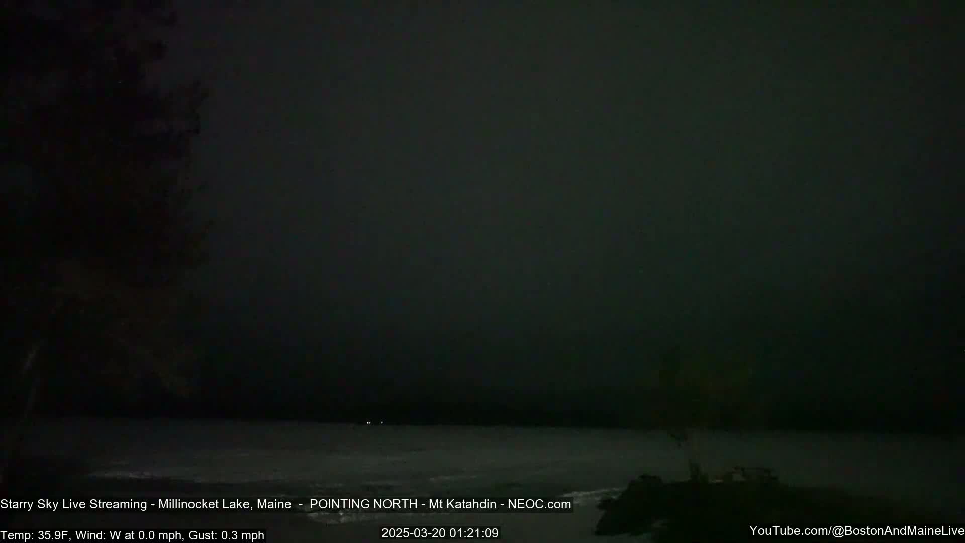 A dark, nighttime view of a calm body of water under a nearly cloudless sky.