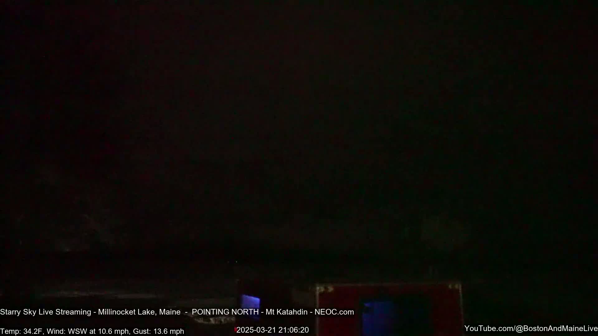 A dark, starry night sky is visible, with a wind blowing from the west-southwest at 10.6 mph and gusts up to 13.6 mph, and a temperature of 34.2°F.